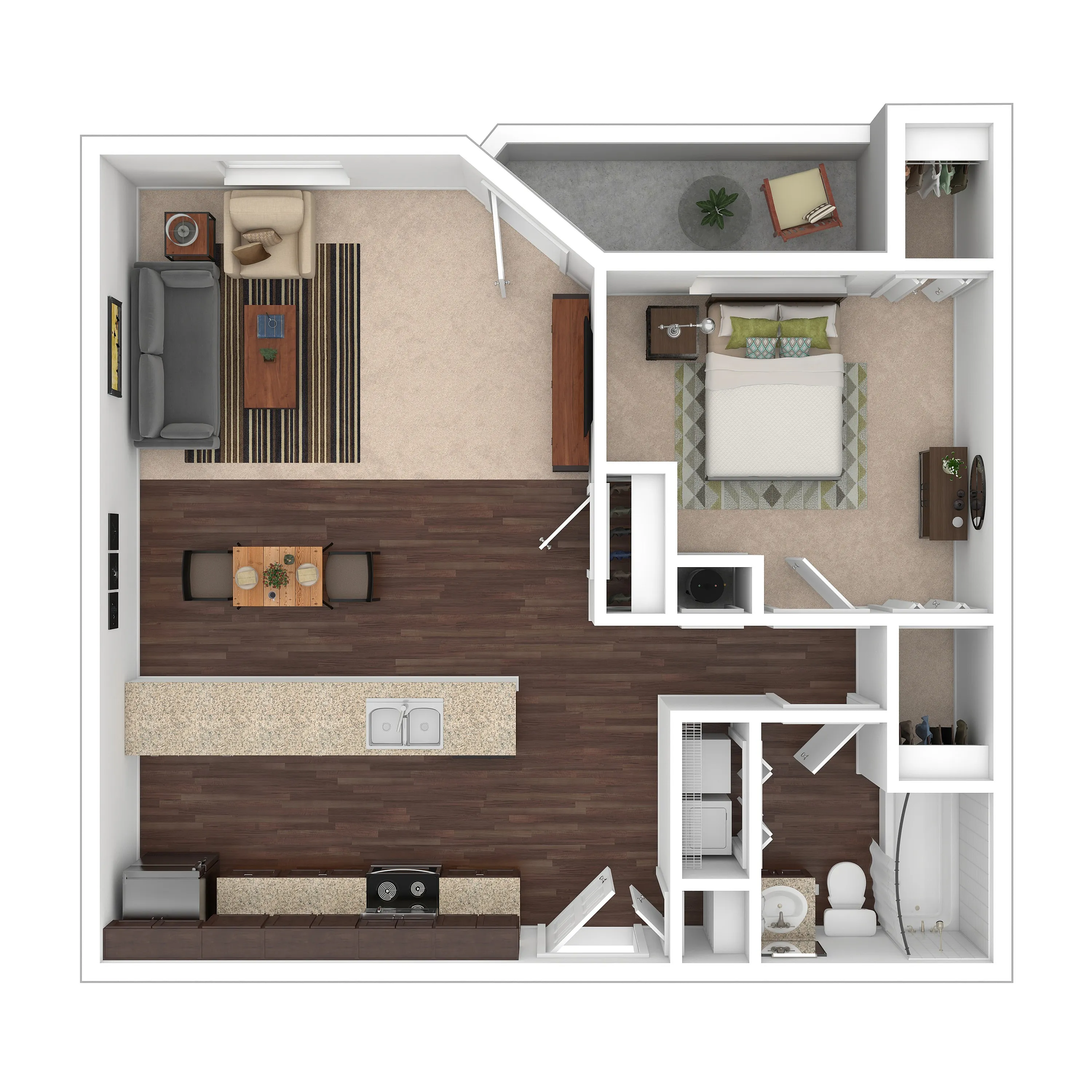 Elegant 1-bedroom apartment floor plan featuring an open-concept living area, modern kitchen with island, and cozy balcony space.