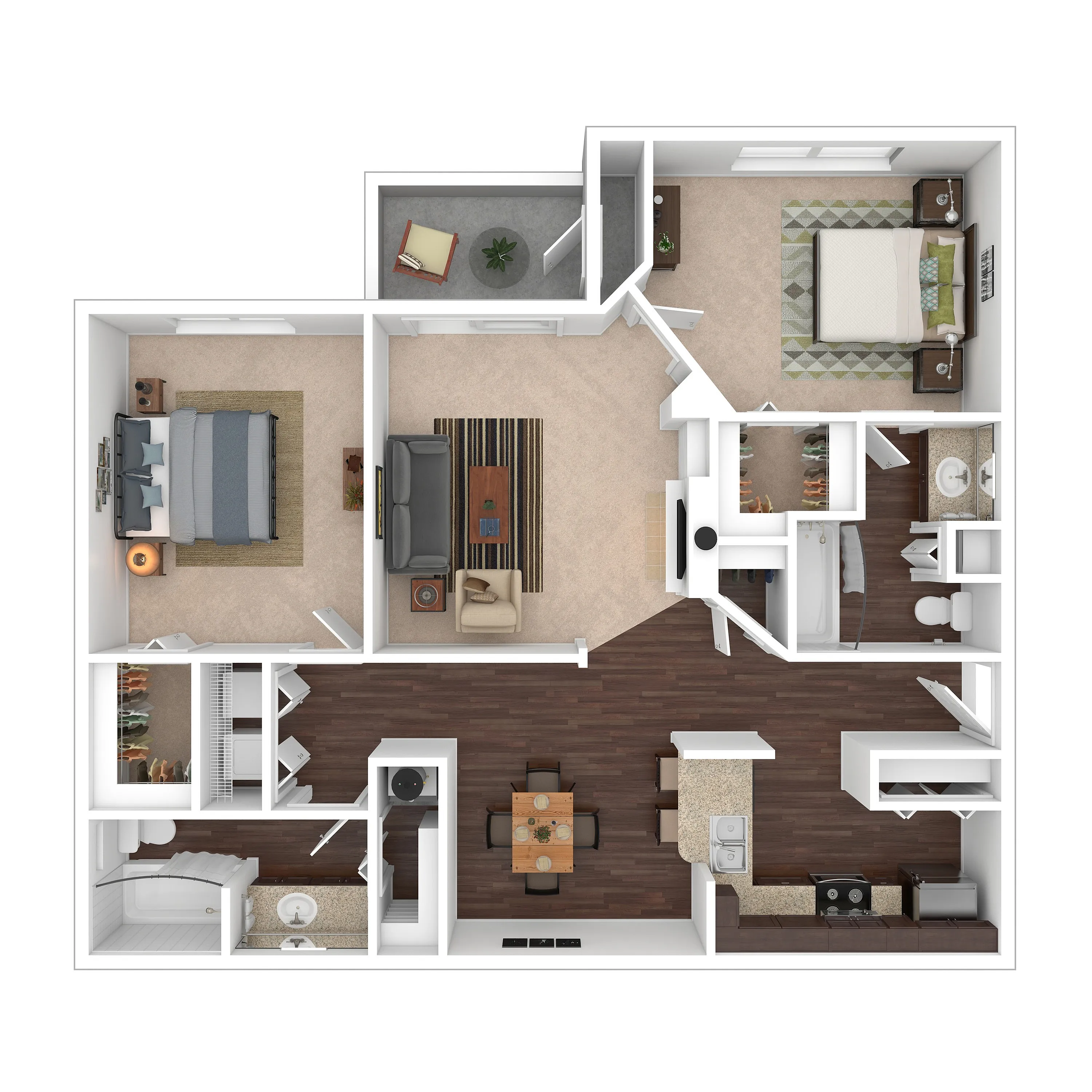 Sophisticated 3D floor plan with 2 spacious bedrooms, modern living area, and open kitchen layout.