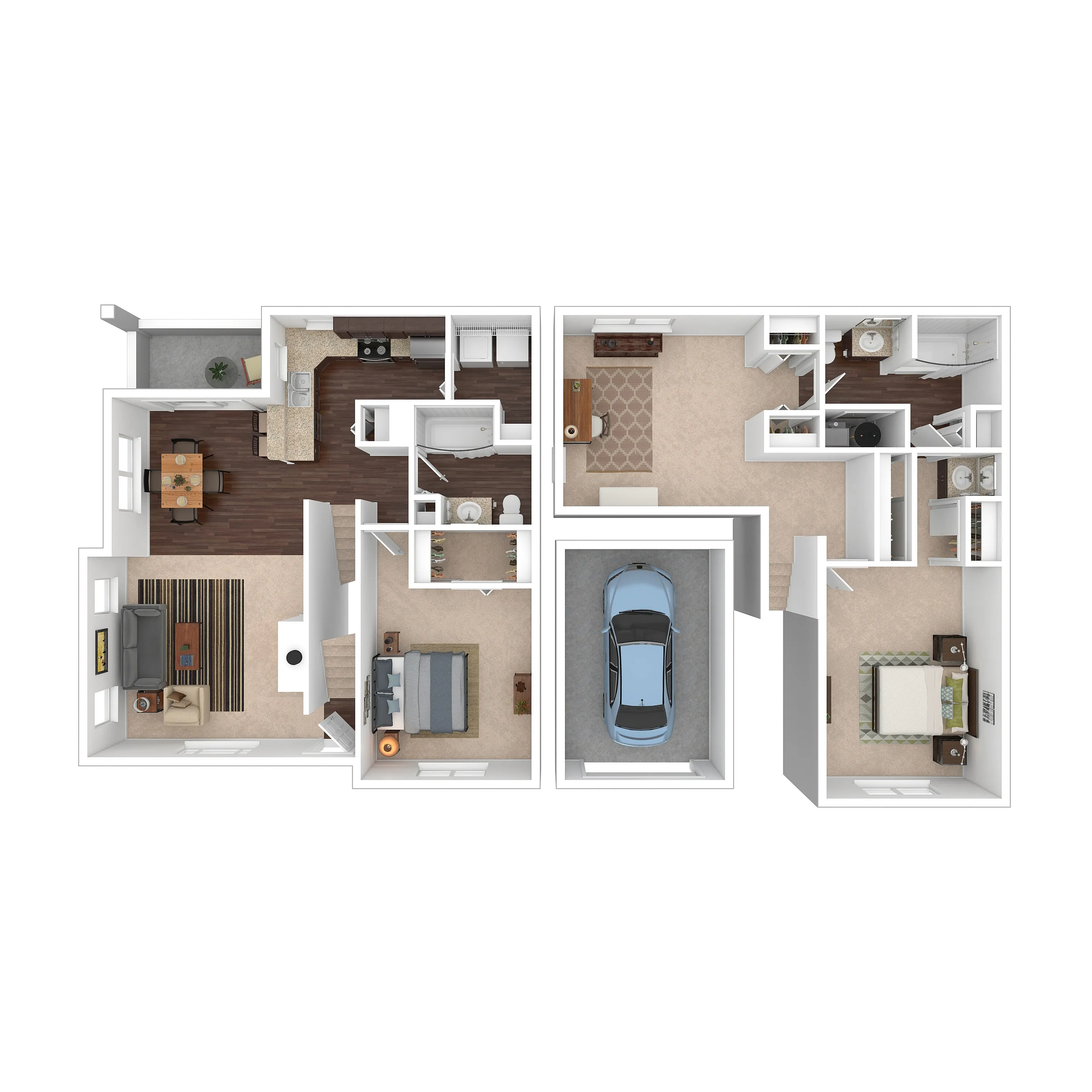 Modern 3D floor plan featuring 2 bedrooms, spacious living area, sleek kitchen, and attached garage for convenience.