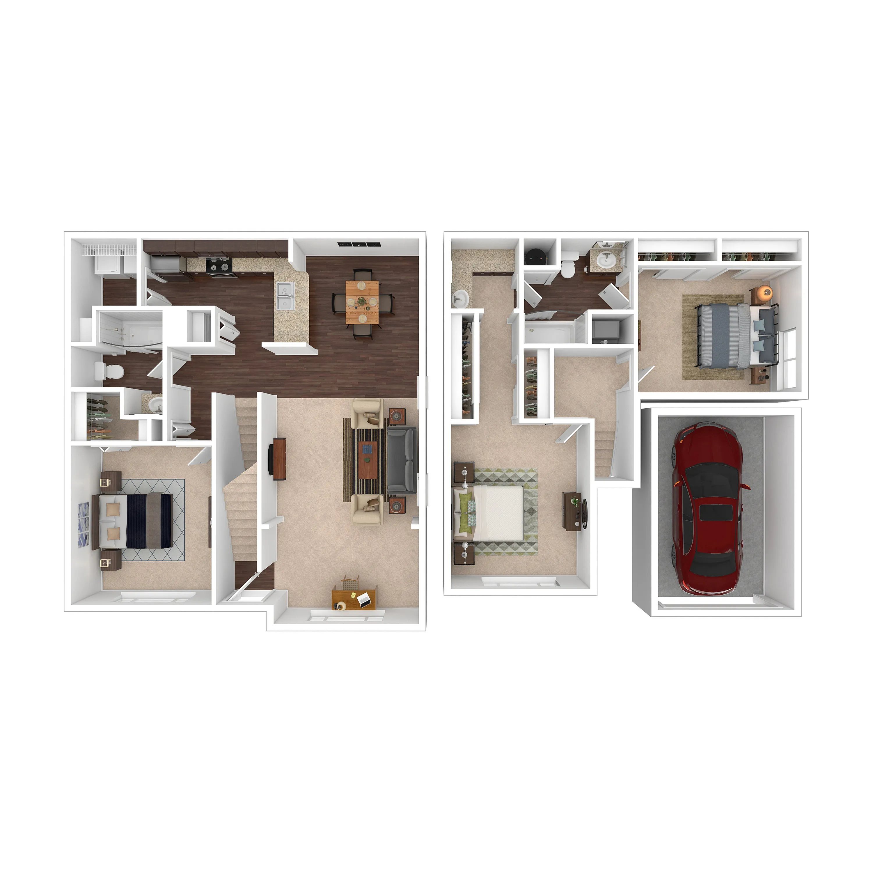 Spacious 3D floor plan featuring three bedrooms, a modern open-concept living and dining area, sleek kitchen, and an attached garage, perfect for stylish living.