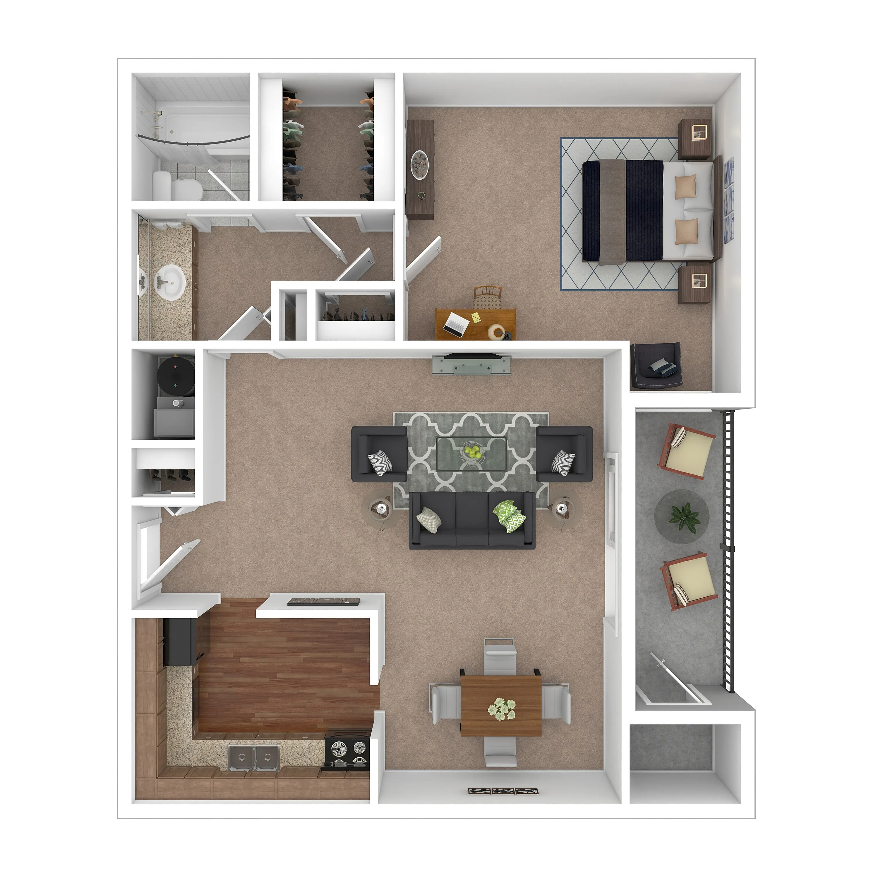 Modern 3D floor plan showcasing one-bedroom apartment with open-concept living and dining areas, stylish kitchen, and cozy balcony.