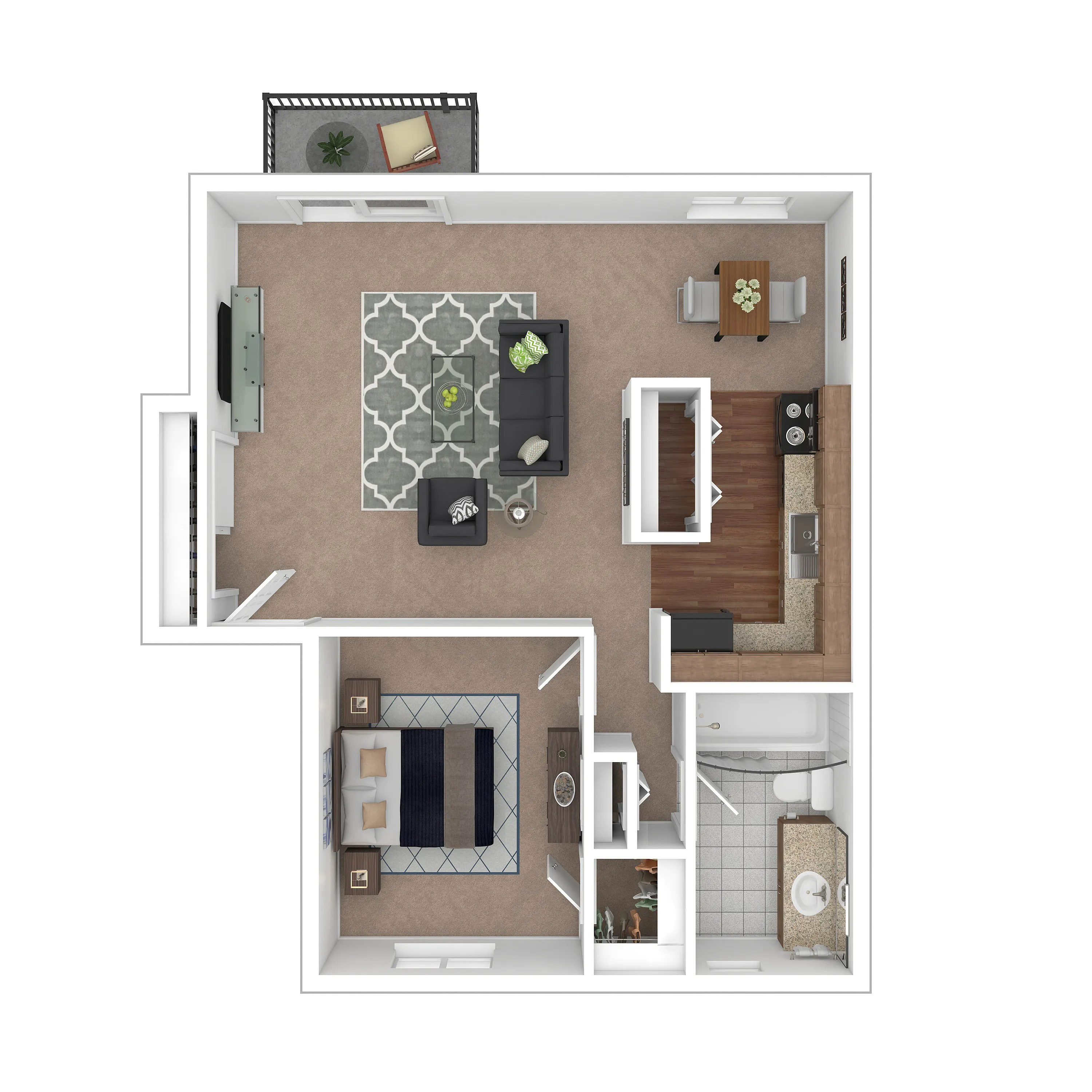 Inviting floor plan showcasing a cozy 1-bedroom apartment with a spacious living area, modern kitchen, and private balcony.