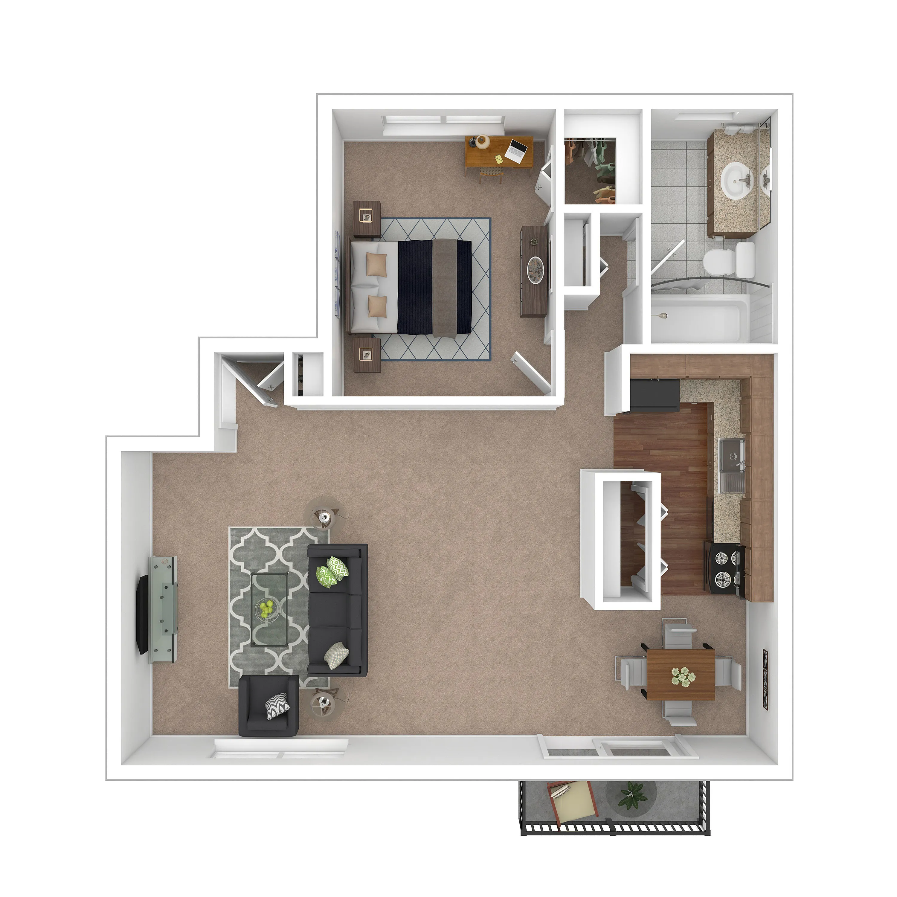 Modern 1-bedroom floor plan featuring a chic living area, open kitchen with dining space, smart office nook, and a balcony.