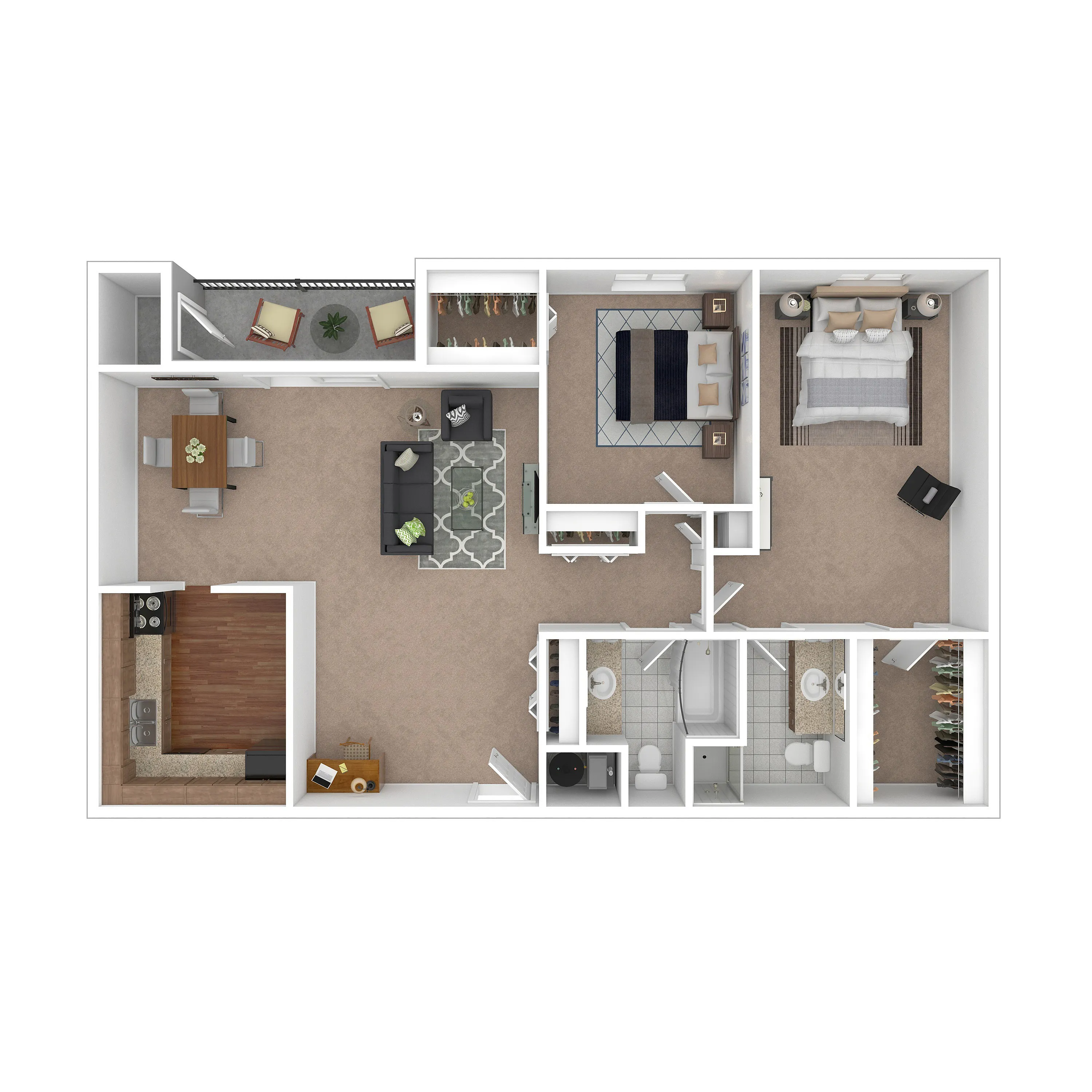 Modern 3D floor plan showcasing a spacious two-bedroom apartment with open-concept living and dining area, cozy kitchen, and two bathrooms.