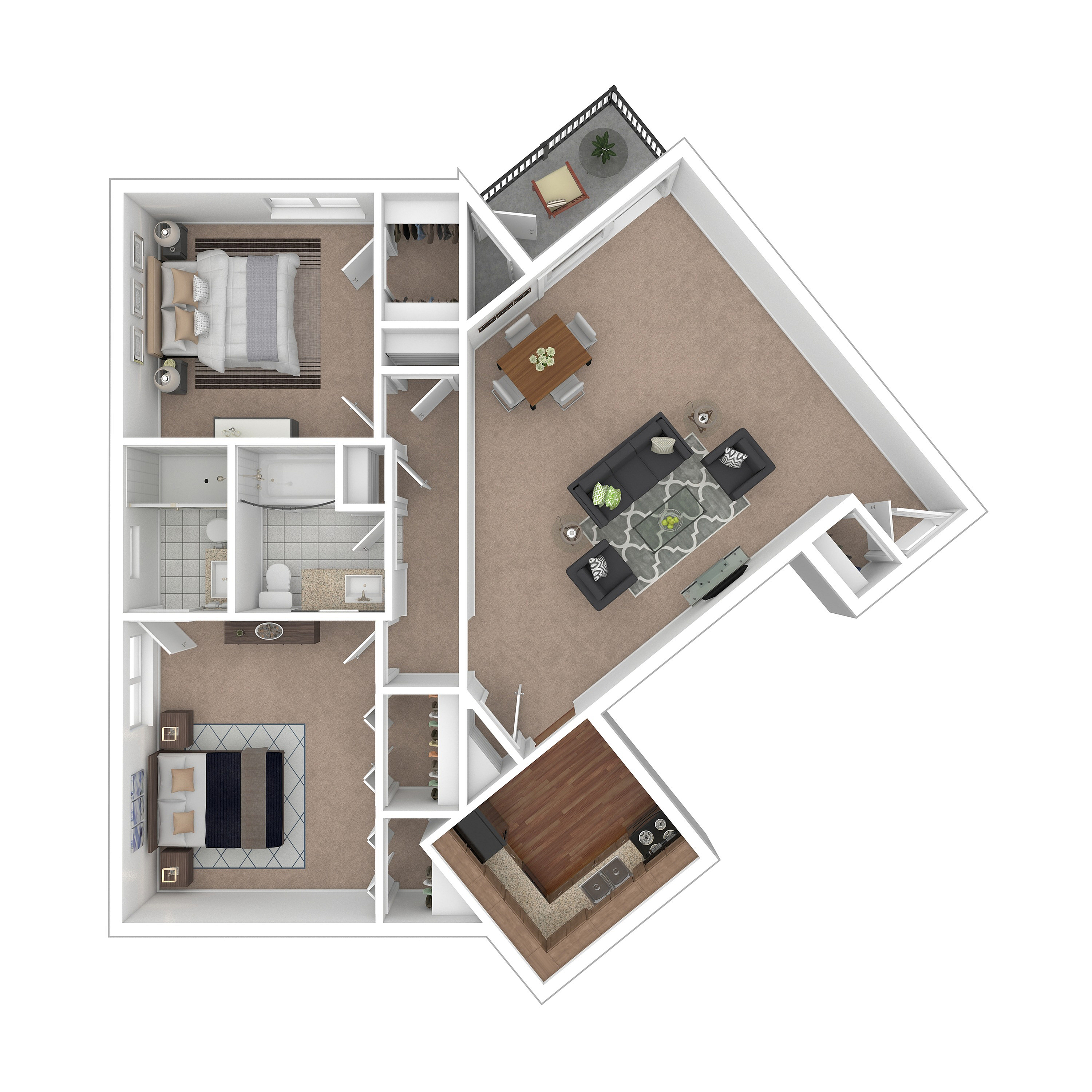 Elegant floor plan showcasing two bedrooms, a modern kitchen, and a spacious living area with a balcony.