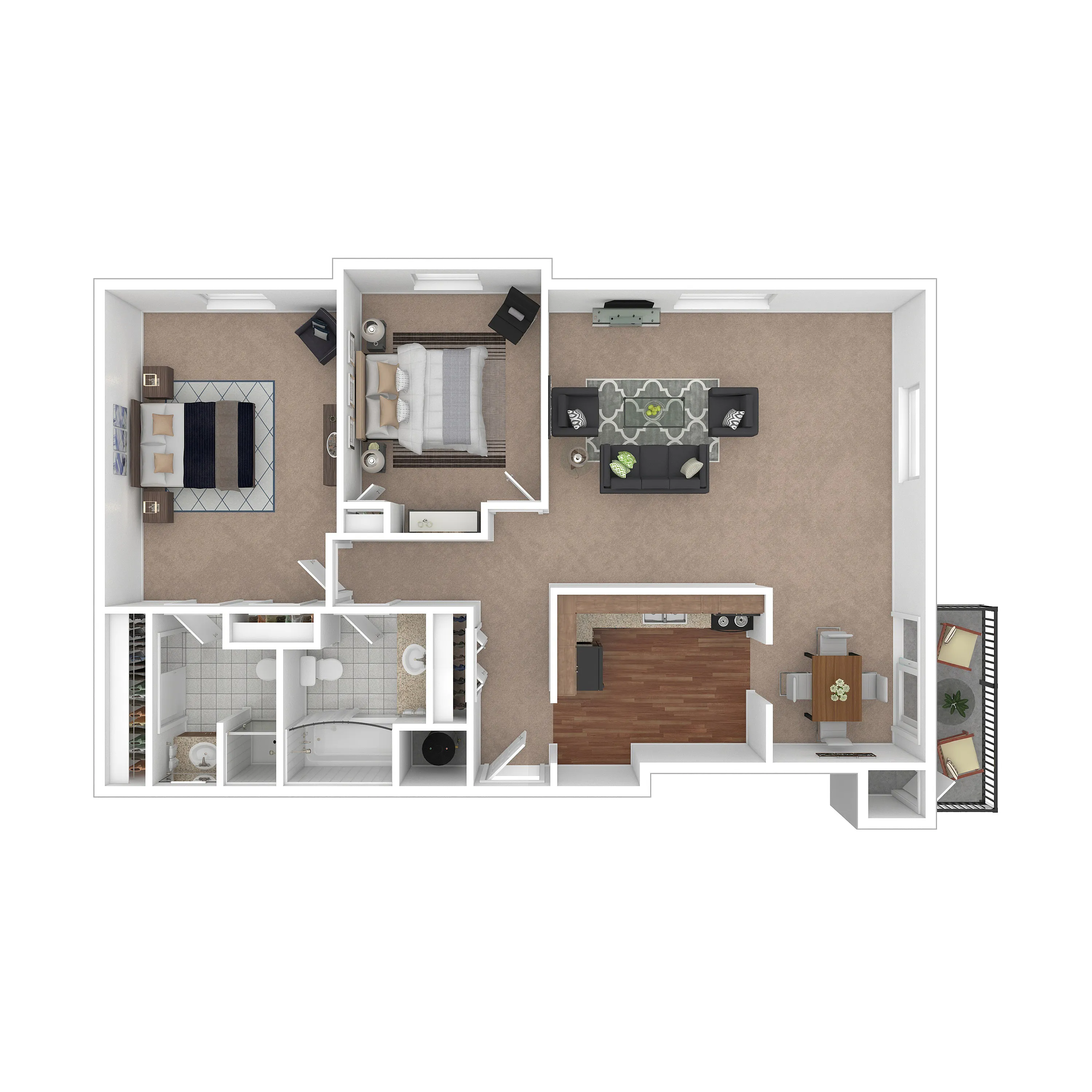 Modern floor plan featuring a spacious living area, two cozy bedrooms, a sleek kitchen, and a stylish bathroom, complete with balcony view.