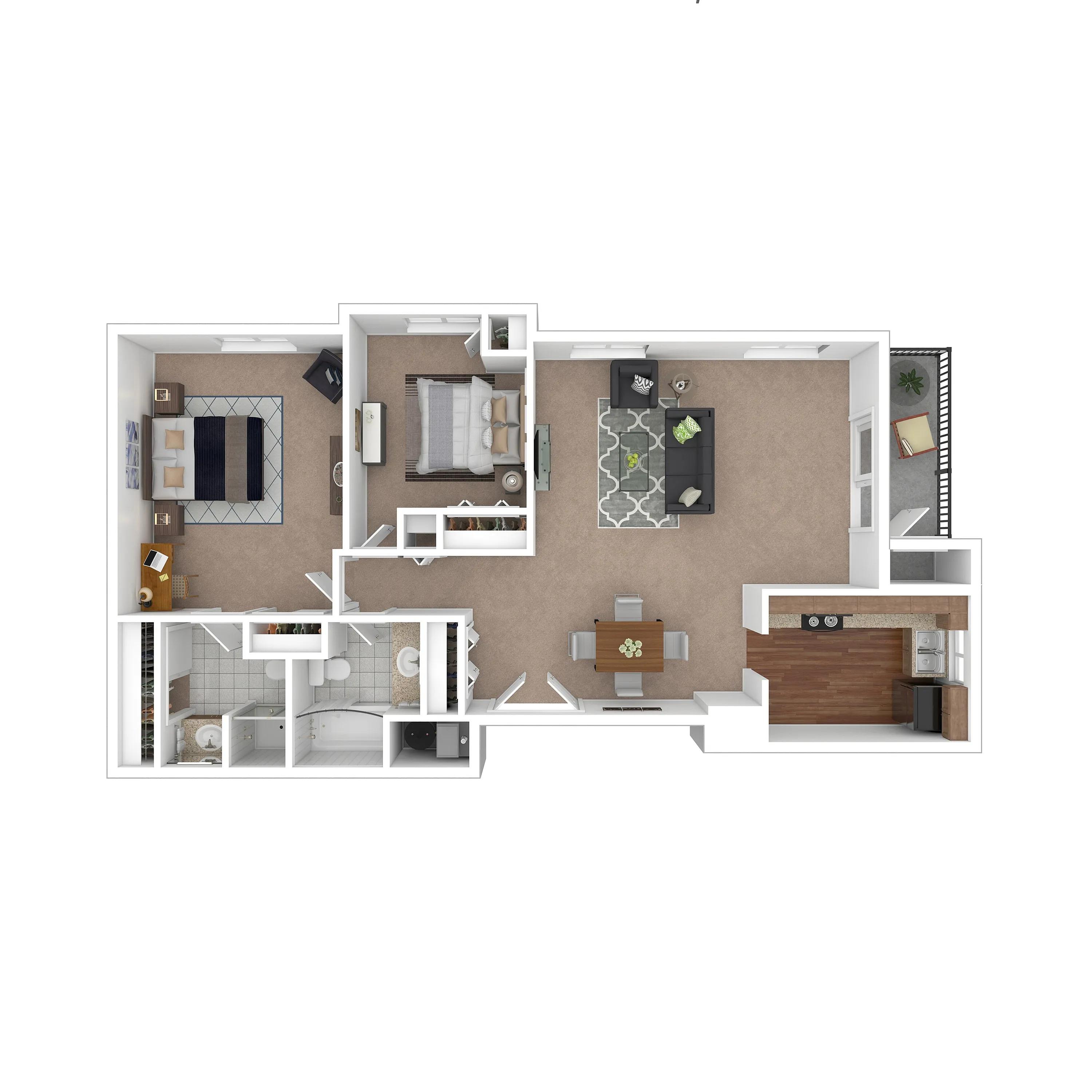 Modern 2-bedroom apartment floor plan featuring an open-concept living room, dining area, and sleek kitchen with a private balcony.