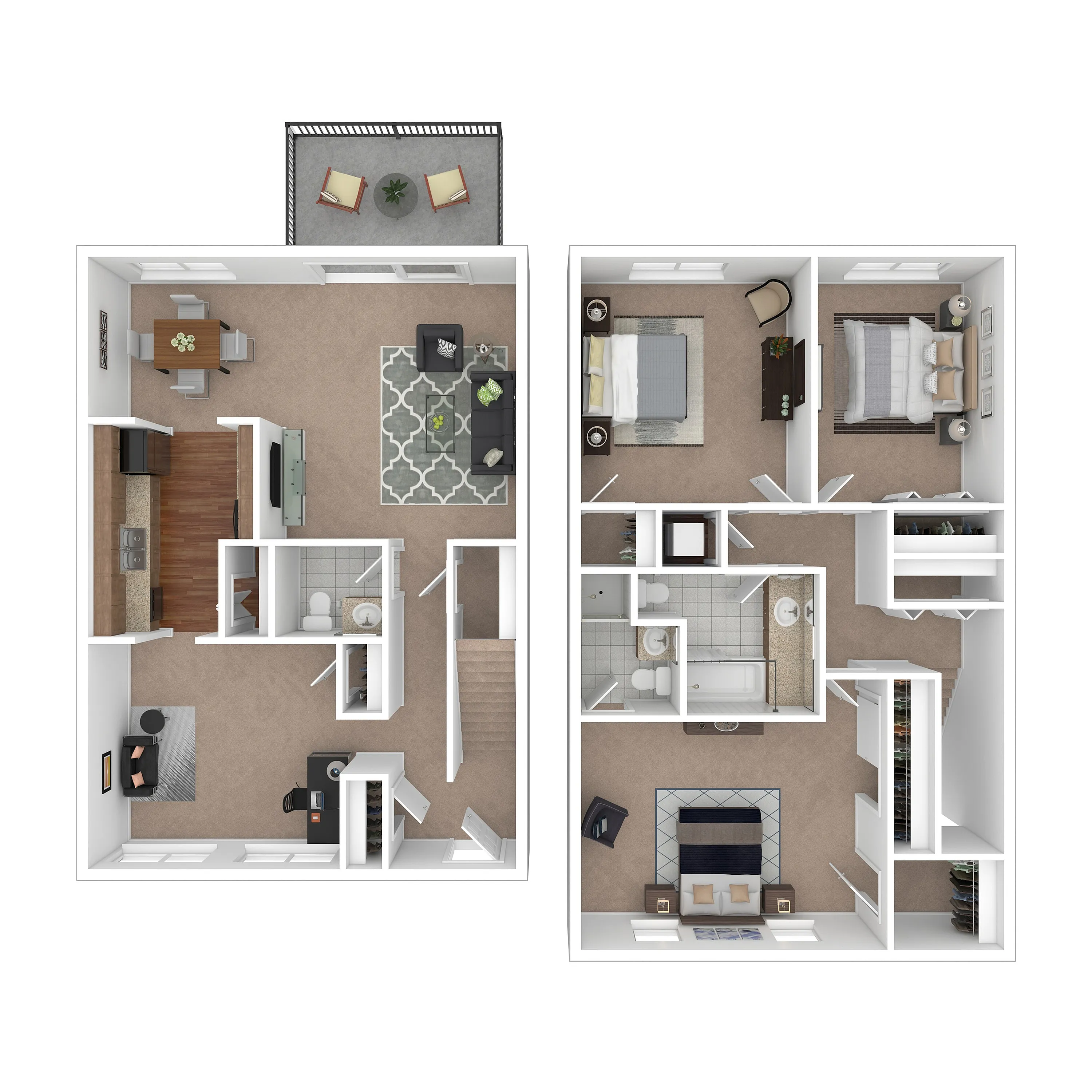 Modern 3D floor plan showcasing a spacious two-story design with three inviting bedrooms, a cozy living area, a contemporary kitchen, and an outdoor balcony.