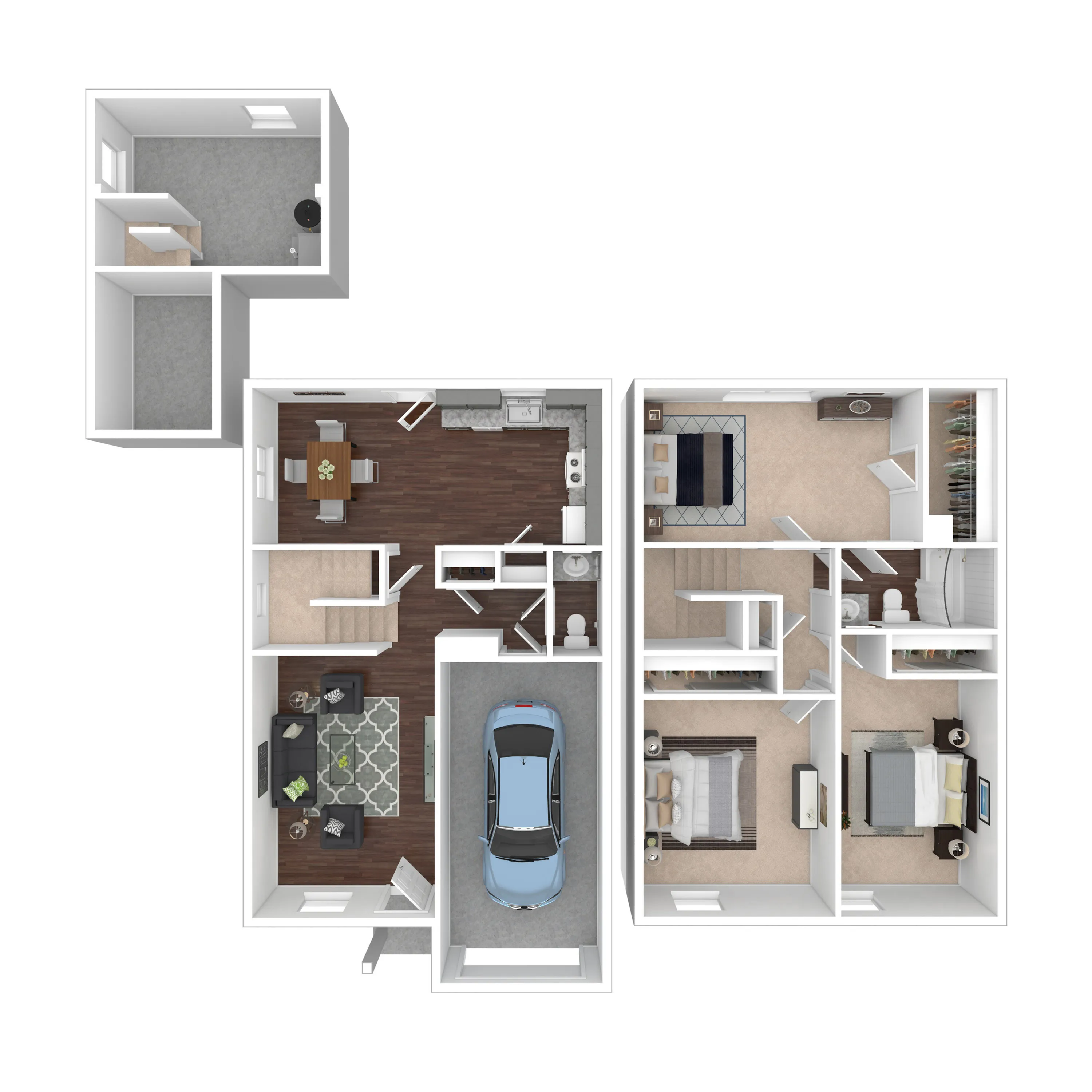 Inviting floor plan of Aurora townhome showcasing three bedrooms, a modern open-concept living and dining area, a sleek kitchen, and a convenient garage space.