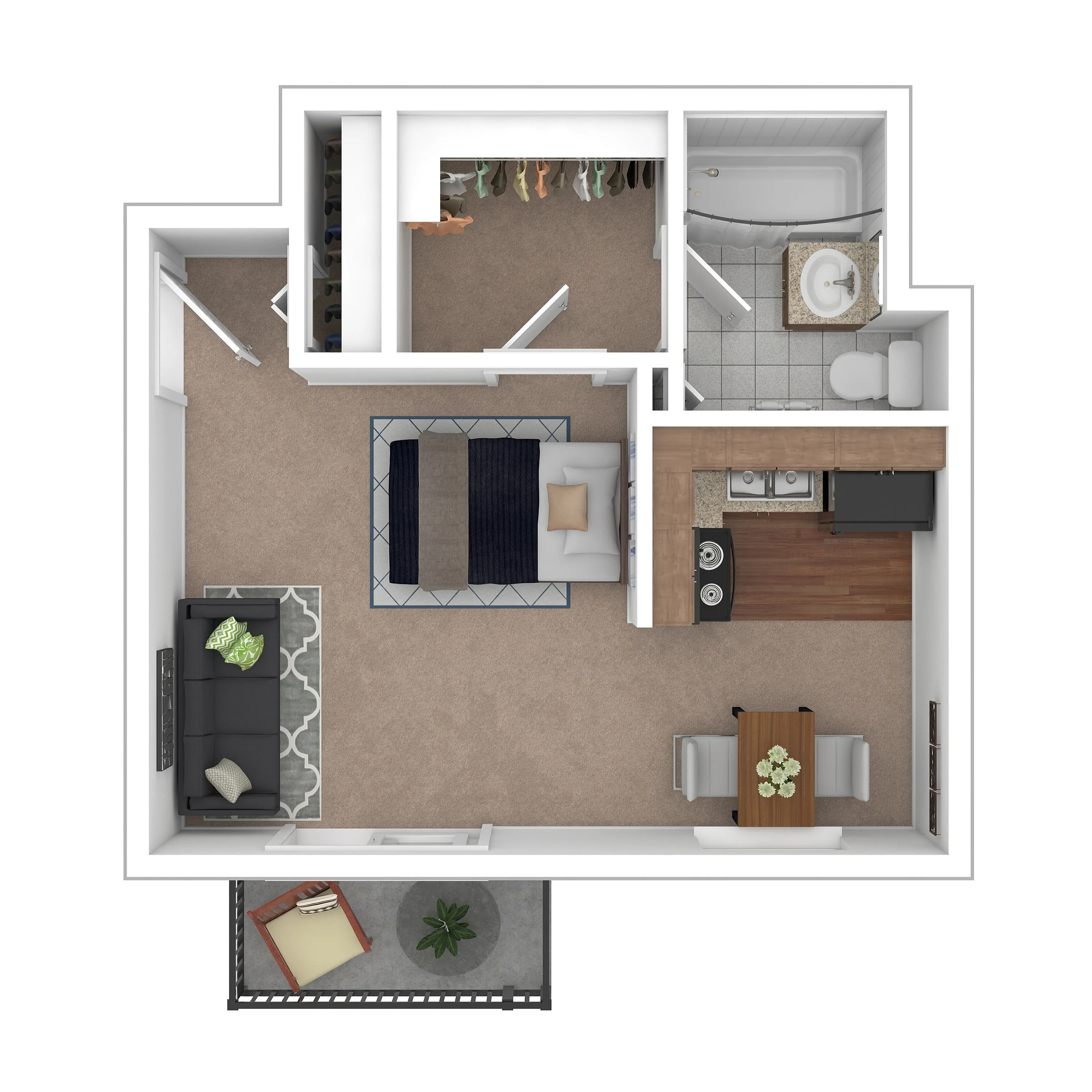 Chic studio apartment layout with open living area, modern kitchen, cozy bedroom with walk-in closet, and private balcony.