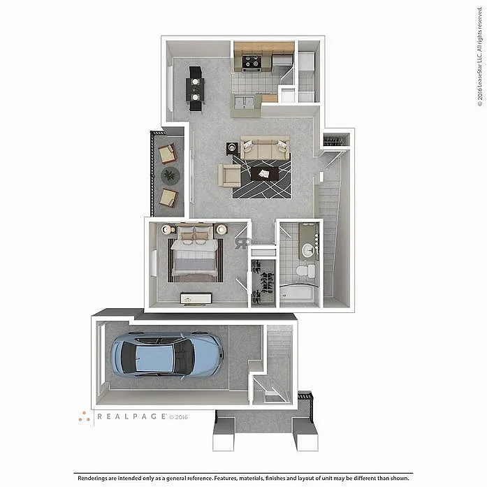 Elegant 3D floor plan featuring a cozy bedroom, modern kitchen, inviting living space, bathroom, and convenient garage.