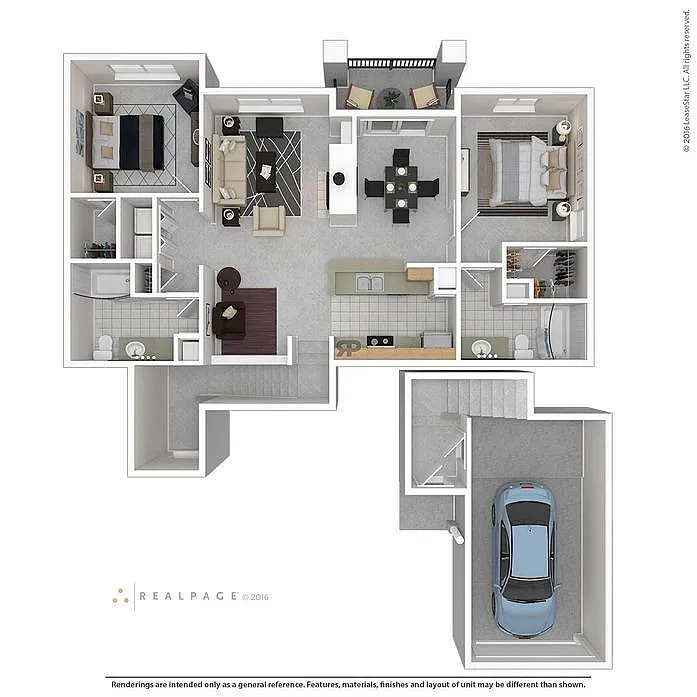Modern 3D floor plan showcasing an elegant layout with two bedrooms, open living room, stylish kitchen, dining area, and attached garage.