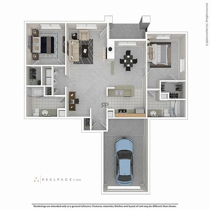Modern apartment floor plan featuring 2 bedrooms, spacious living room, and sleek kitchen with attached garage.