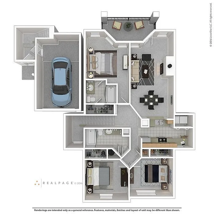 Modern 3D floor plan featuring 3 bedrooms, 2 bathrooms, a stylish open-concept living and dining area, a spacious kitchen, and a private balcony. Includes a convenient garage space.