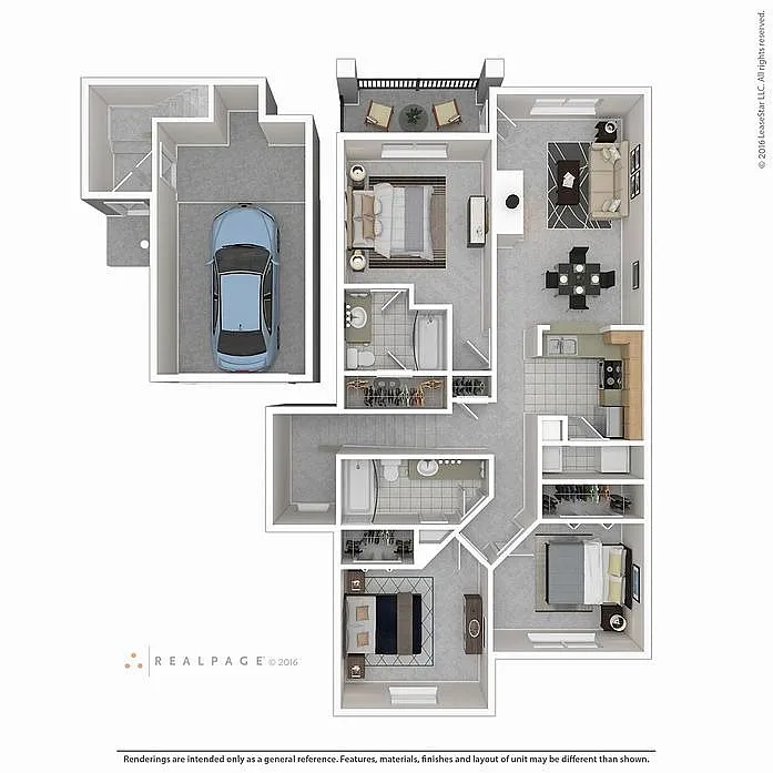 Modern 3D floor plan featuring 3 bedrooms, 2 bathrooms, open-concept living and dining area, stylish kitchen, and attached garage.
