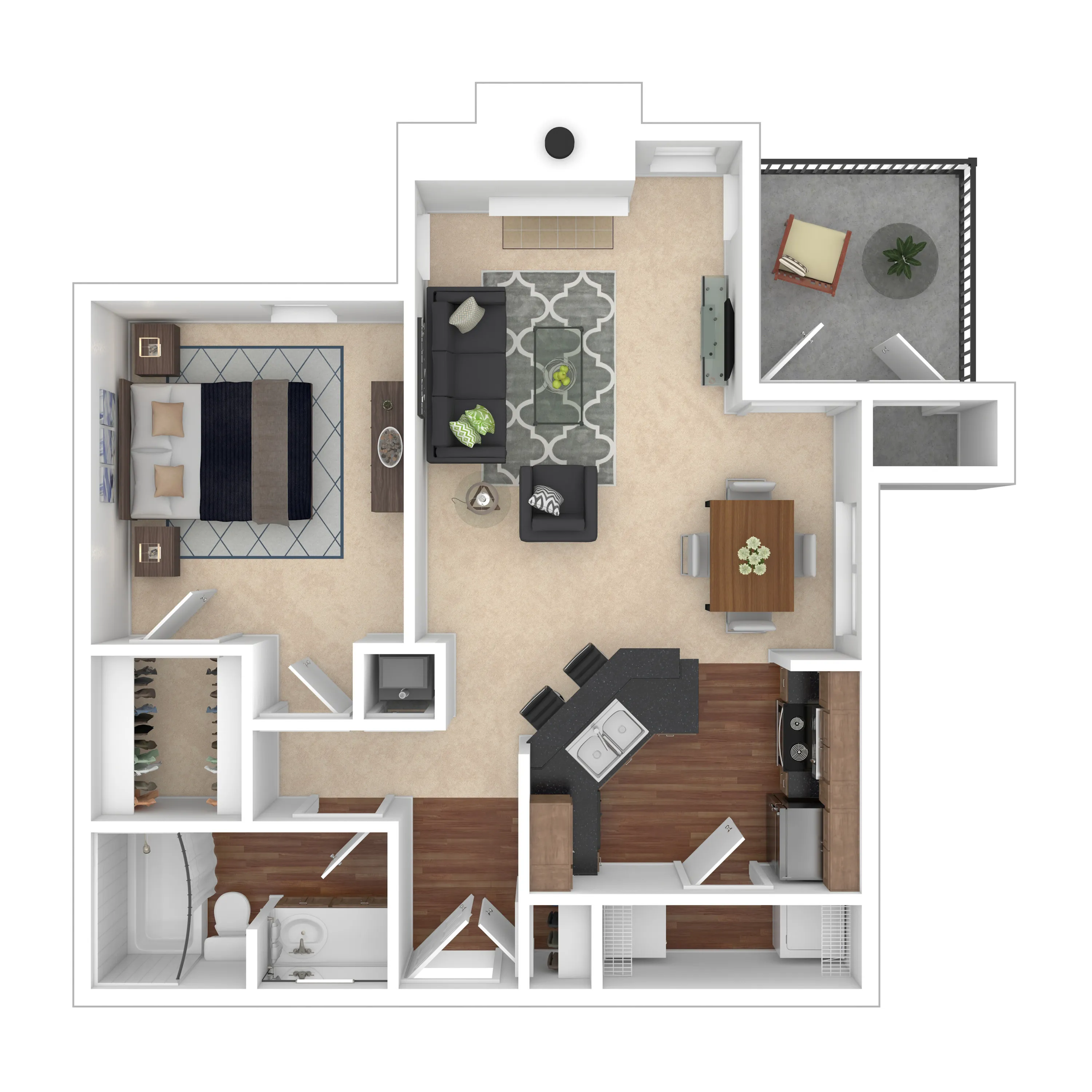 Modern 2D floor plan showcasing a cozy apartment with one bedroom, open-concept living and dining area, stylish kitchen, and private balcony.