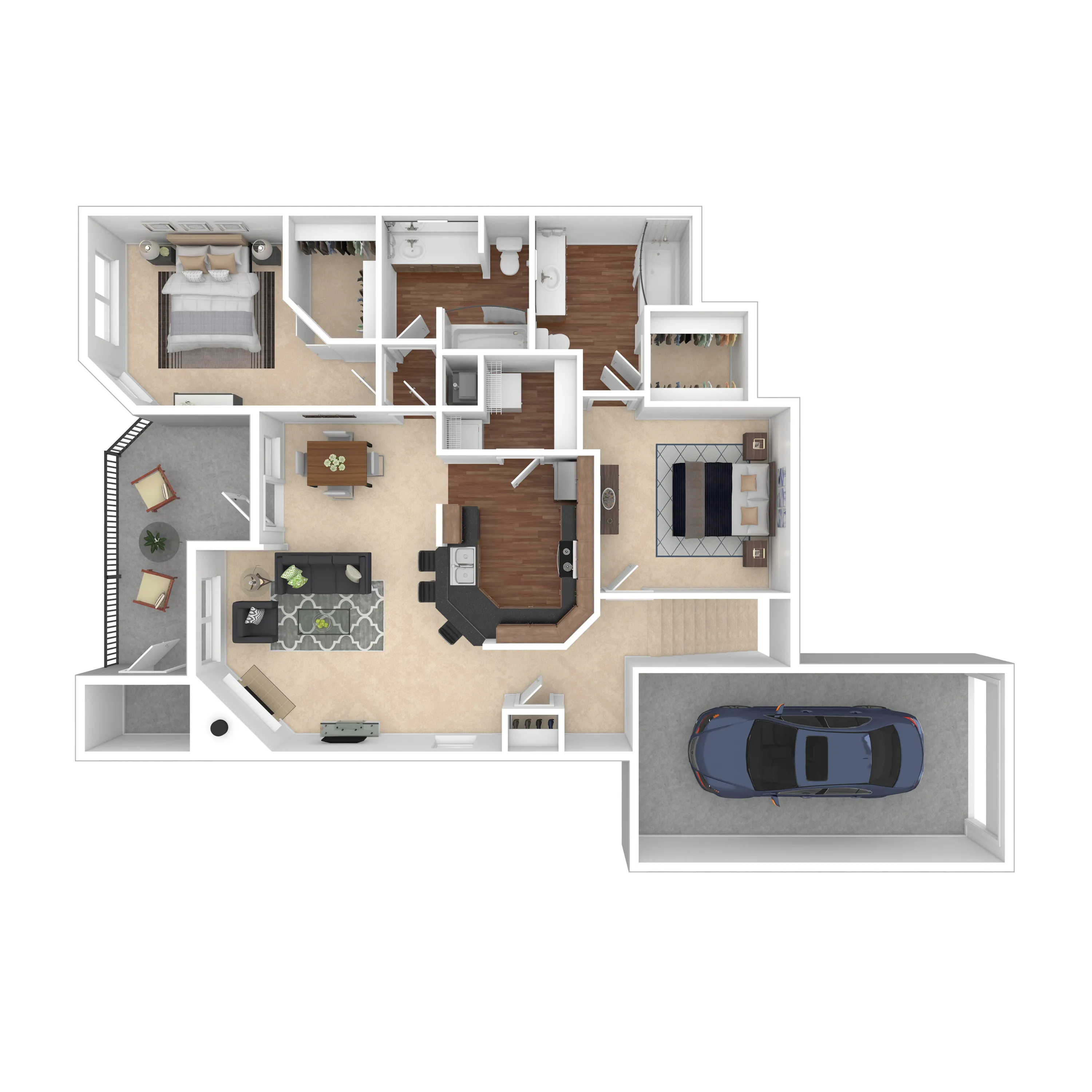Elegant 3D floor plan showcasing 2 bedrooms, a modern kitchen, open living area, and attached garage, complete with a cozy balcony space.