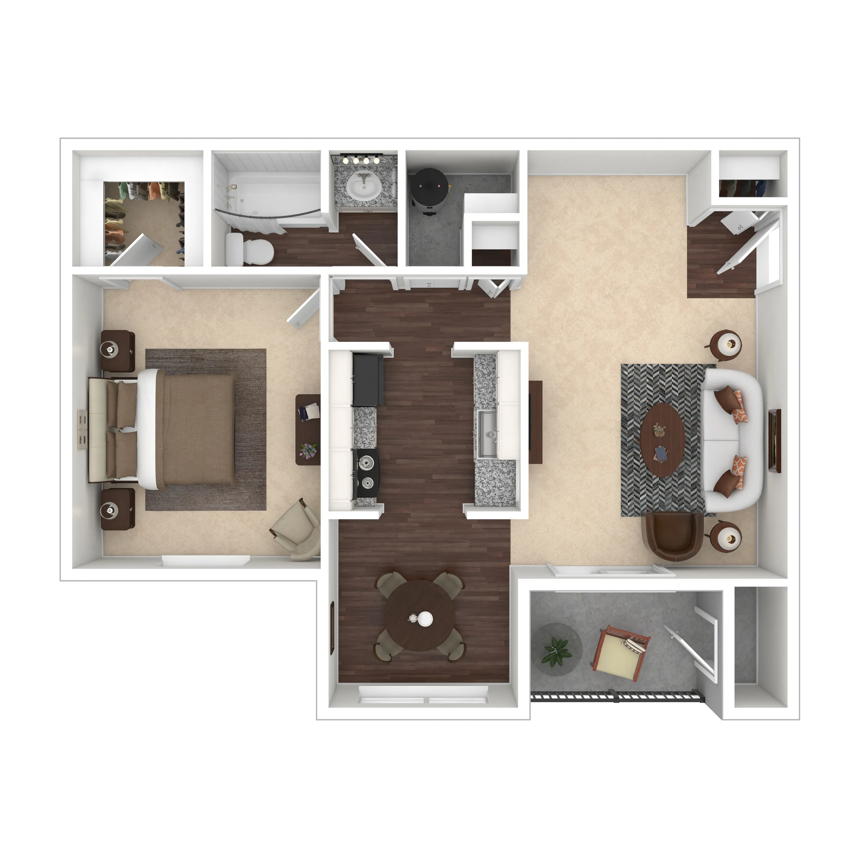 Inviting floor plan showcasing a cozy one-bedroom apartment with an elegant living room, compact kitchen, and stylish bathroom layout.