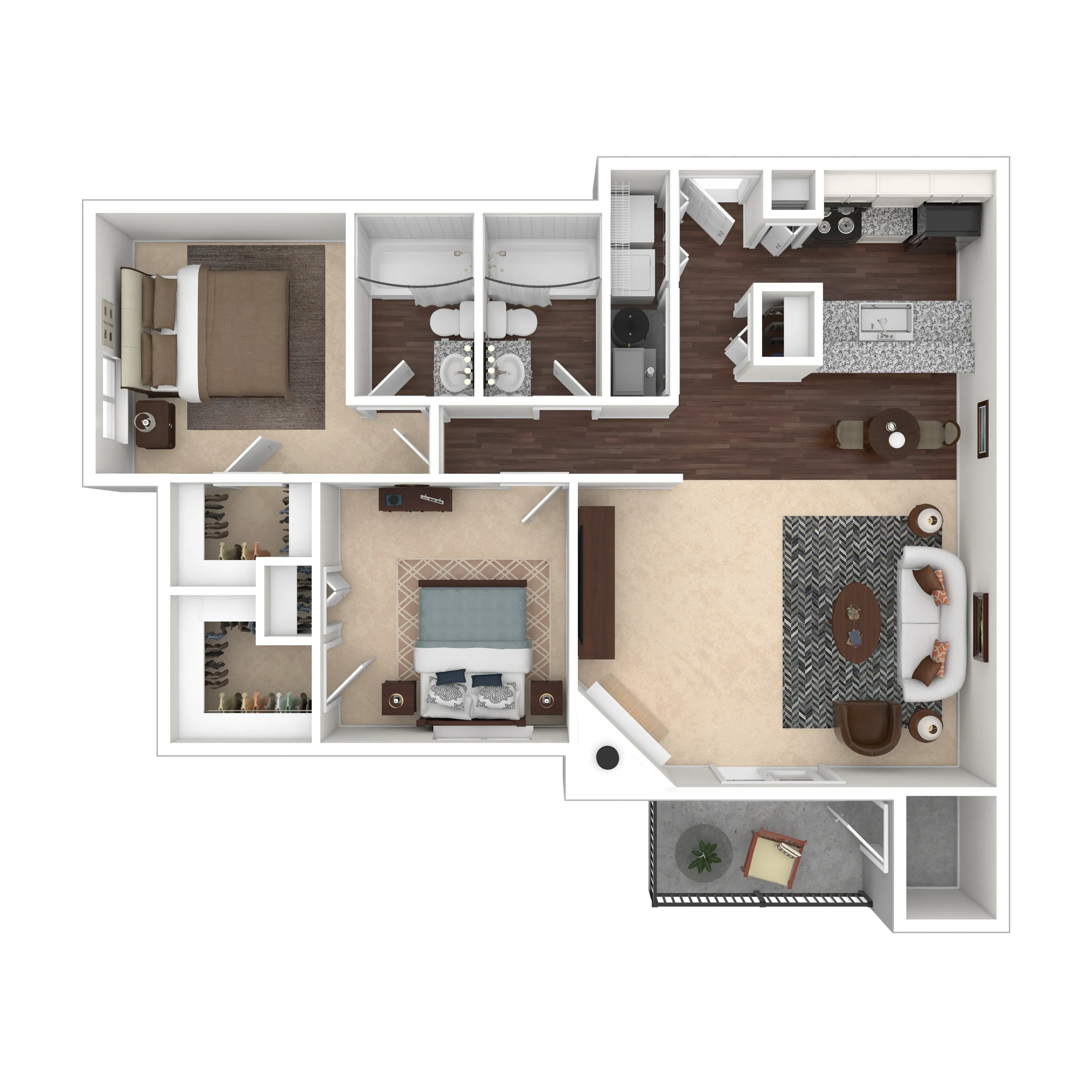 Elegant apartment floor plan featuring two spacious bedrooms, modern kitchen with island, cozy living area, dual bathrooms, and a charming balcony.