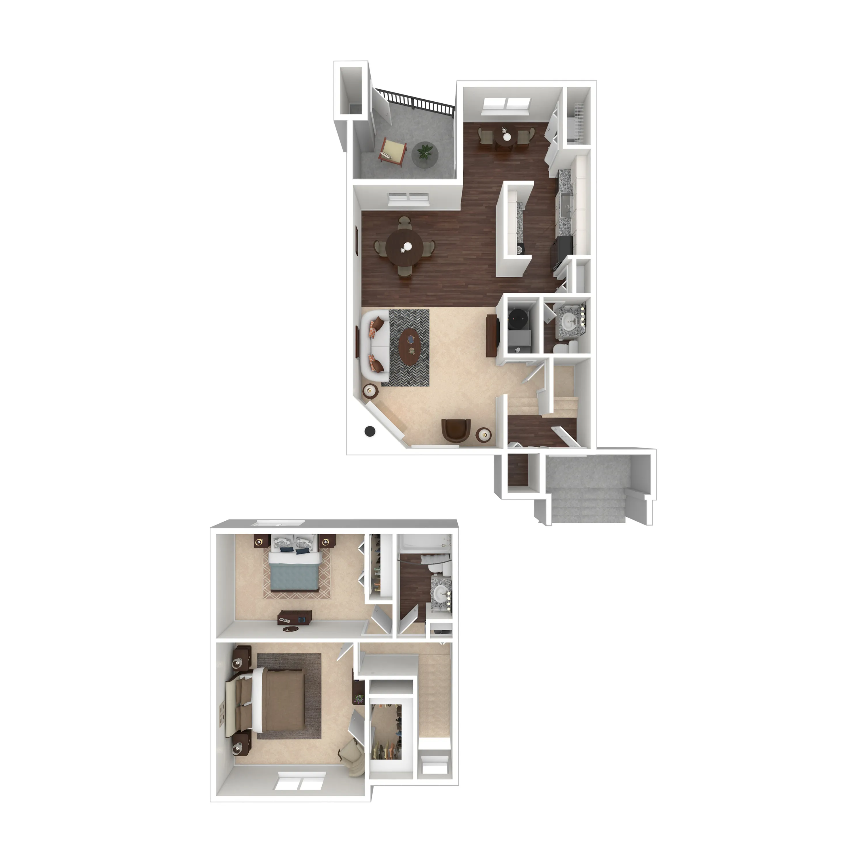 Elegant two-level floor plan highlighting two bedrooms, an open living room, and a spacious kitchen with dining area.