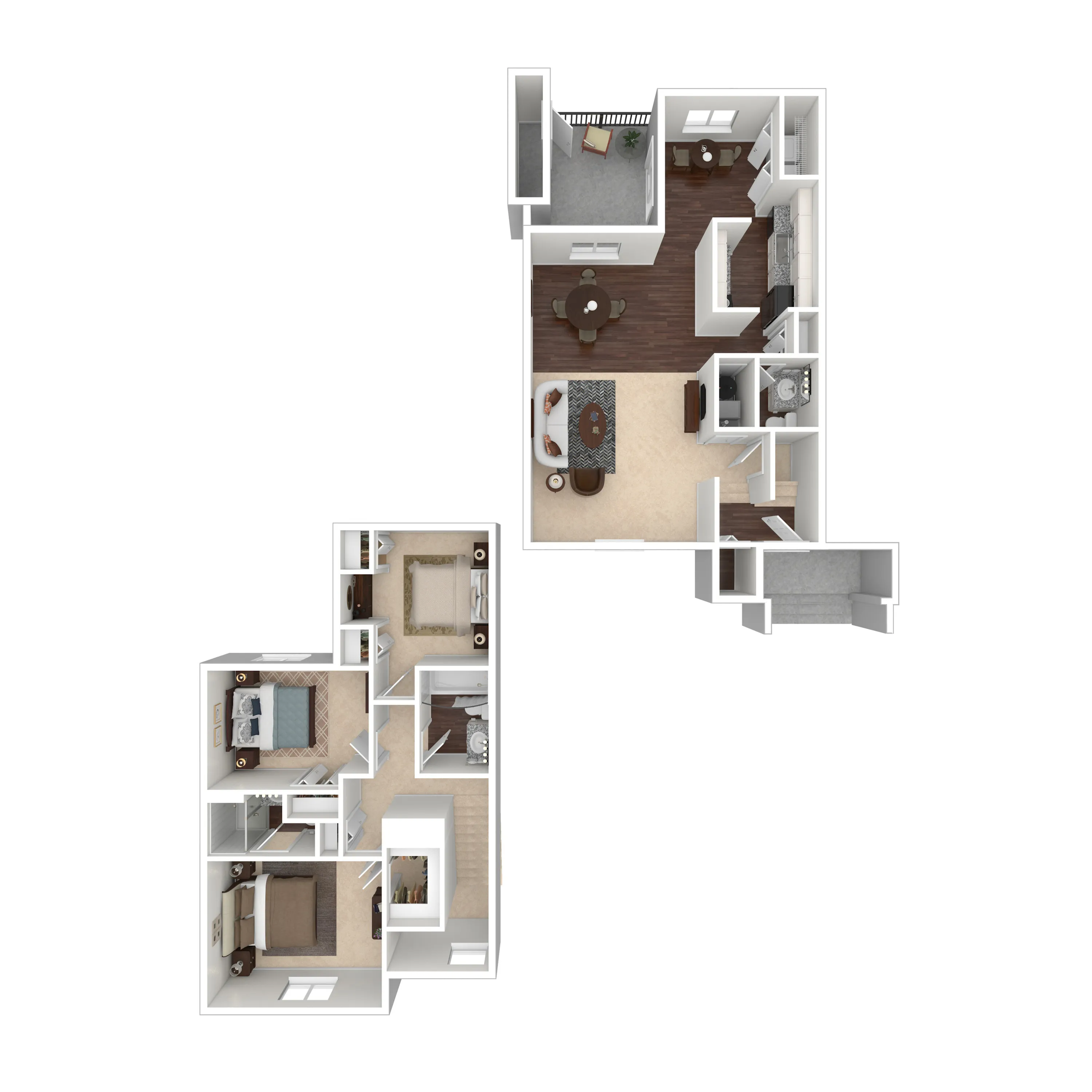 Stylish split-level apartment floor plan featuring three bedrooms, open living and dining area, modern kitchen, and private balcony.