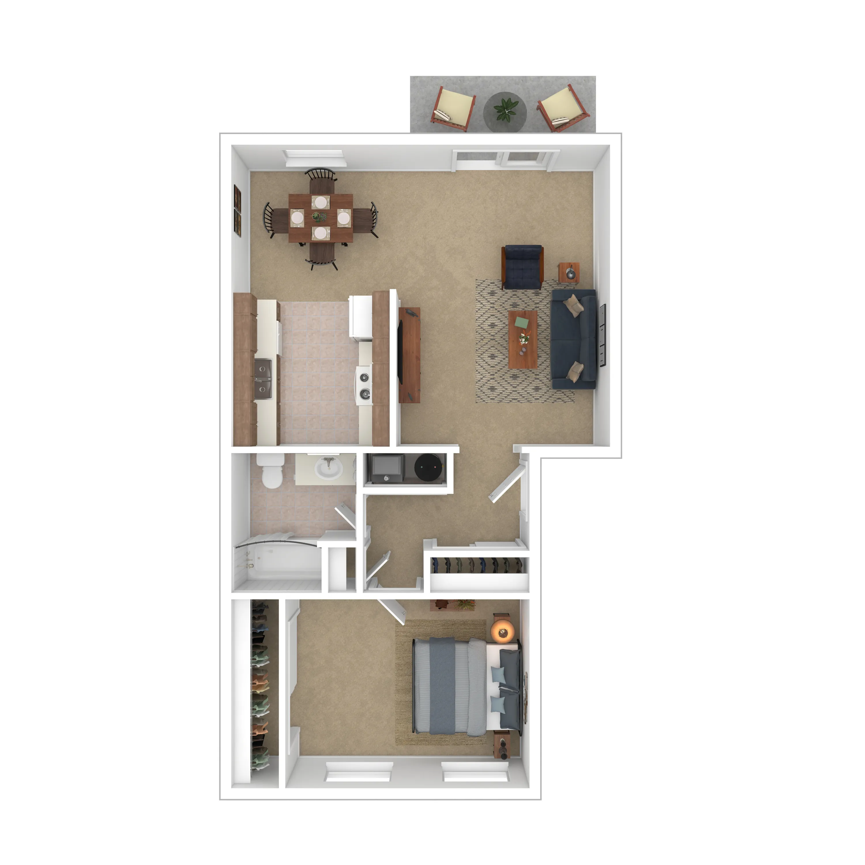 Contemporary 1 bedroom floor plan showcasing an open living area, cozy dining space, and modern kitchen with patio access.