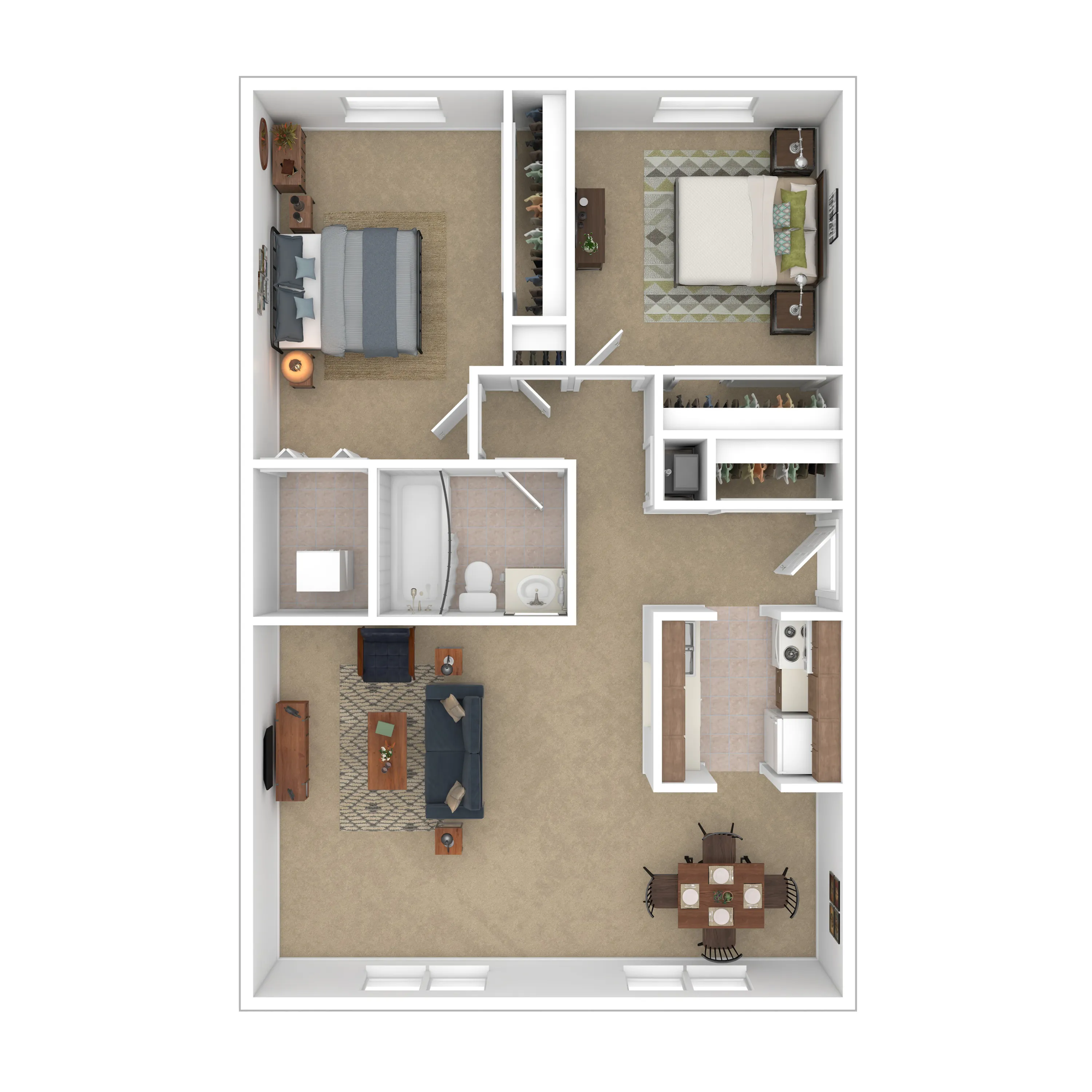 Modern floor plan showcasing two spacious bedrooms, a cozy living area, stylish kitchen, and a central bathroom, perfect for comfortable living.