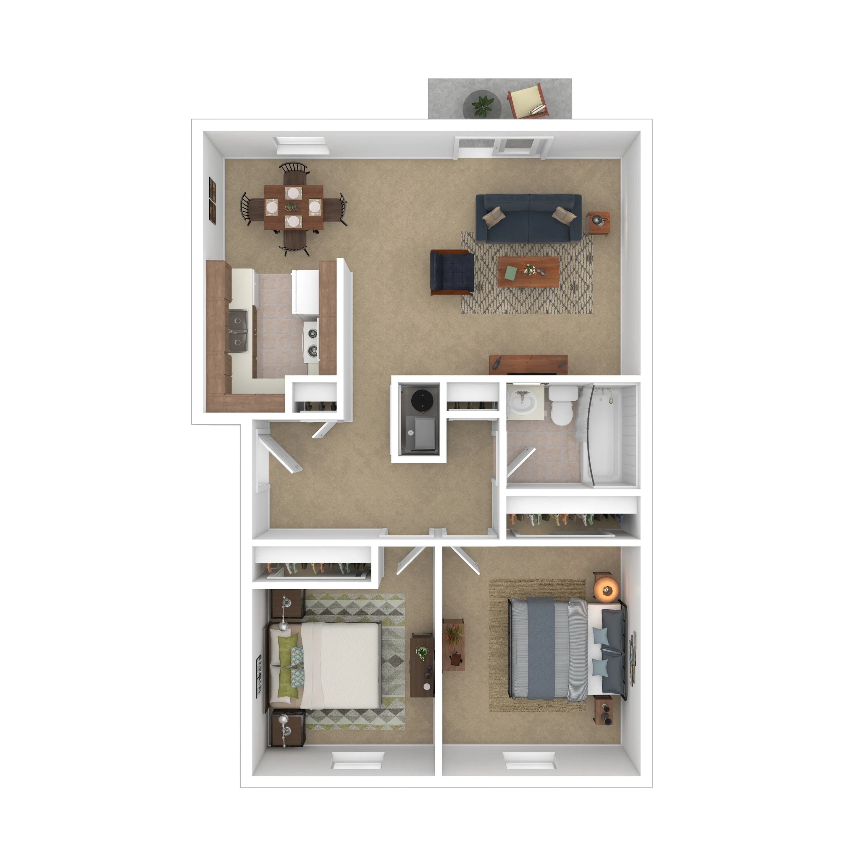 Charming 2-bedroom apartment floor plan with an open-concept living room, cozy kitchen, and spacious bathroom, ideal for comfortable living.