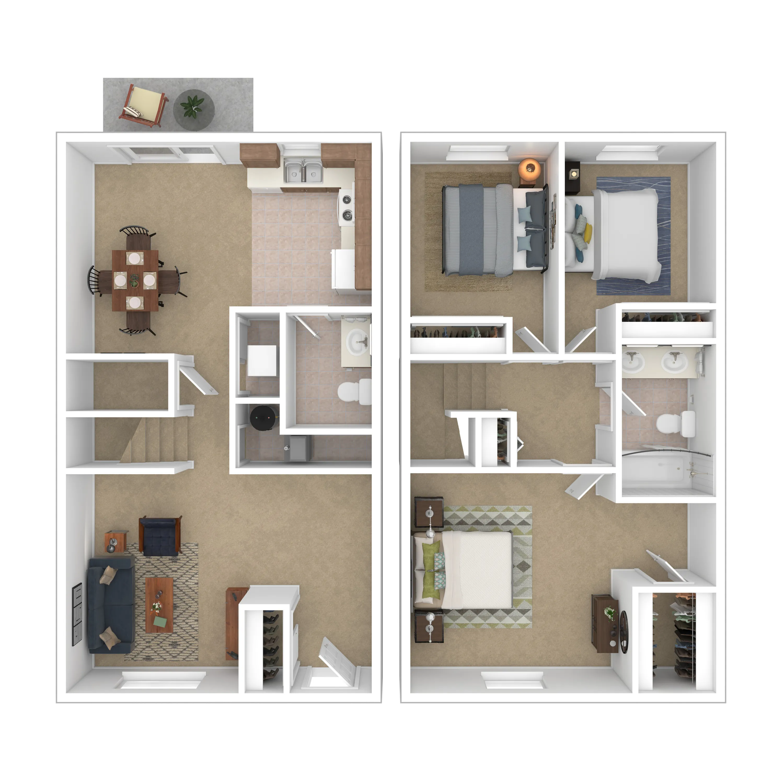 Charming 3D floor plan showcasing two-story design with three bedrooms, spacious living room, modern kitchen, and two bathrooms.