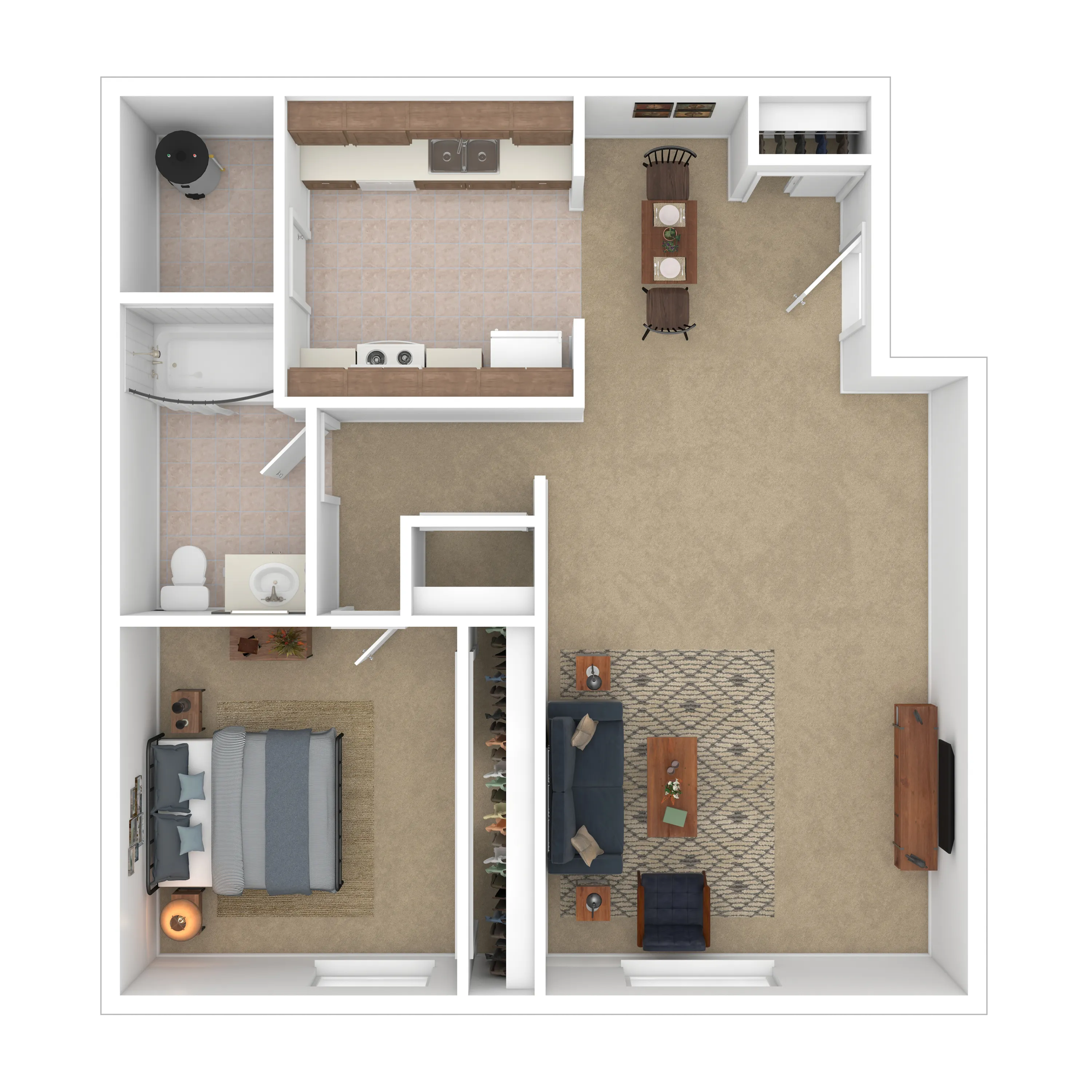 Charming 1-bedroom apartment floor plan with cozy living room, modern kitchen, and spacious bathroom.