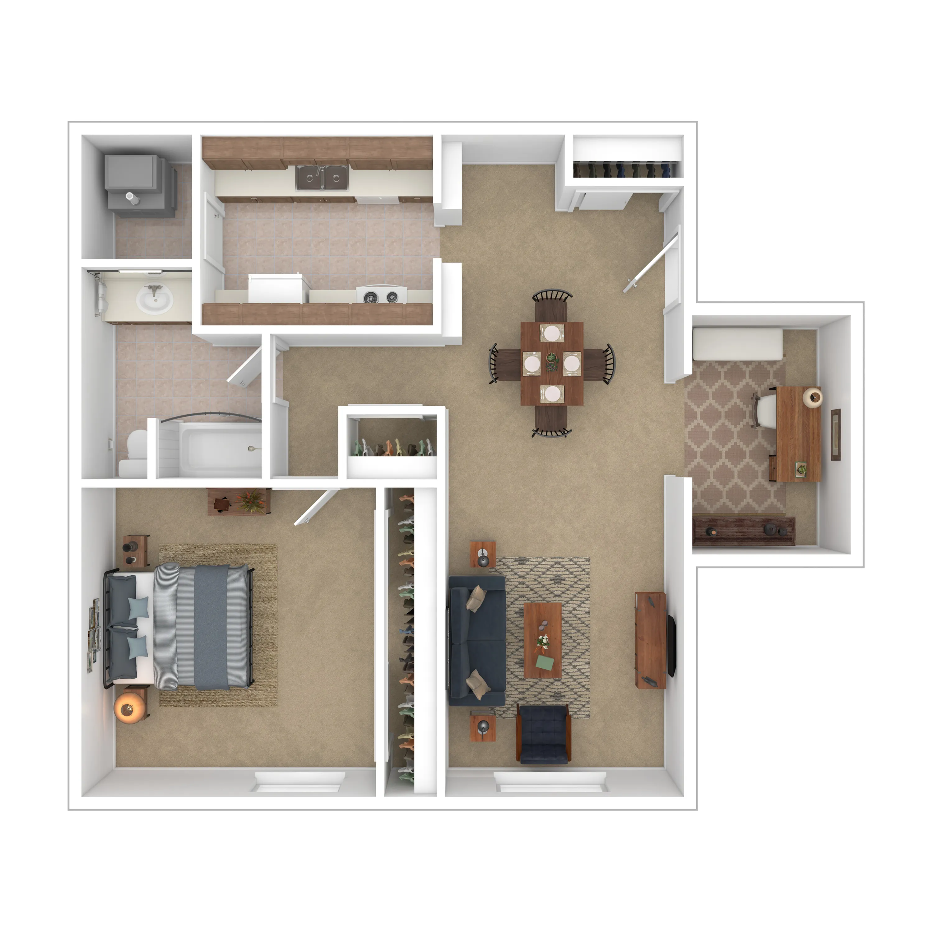 Inviting floor plan showcasing a cozy 1-bedroom layout with an open living dining area, functional kitchen, and a quaint home office space.