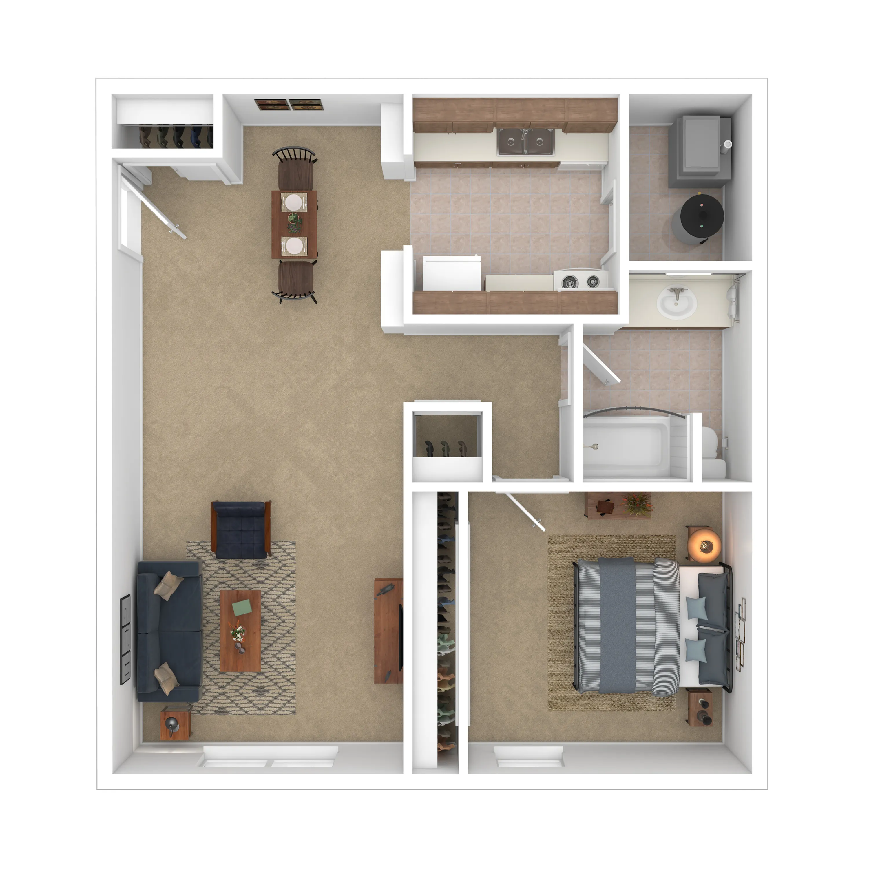 Modern one-bedroom apartment floor plan featuring a cozy bedroom, open-concept living and dining area, functional kitchen, and spacious bathroom.
