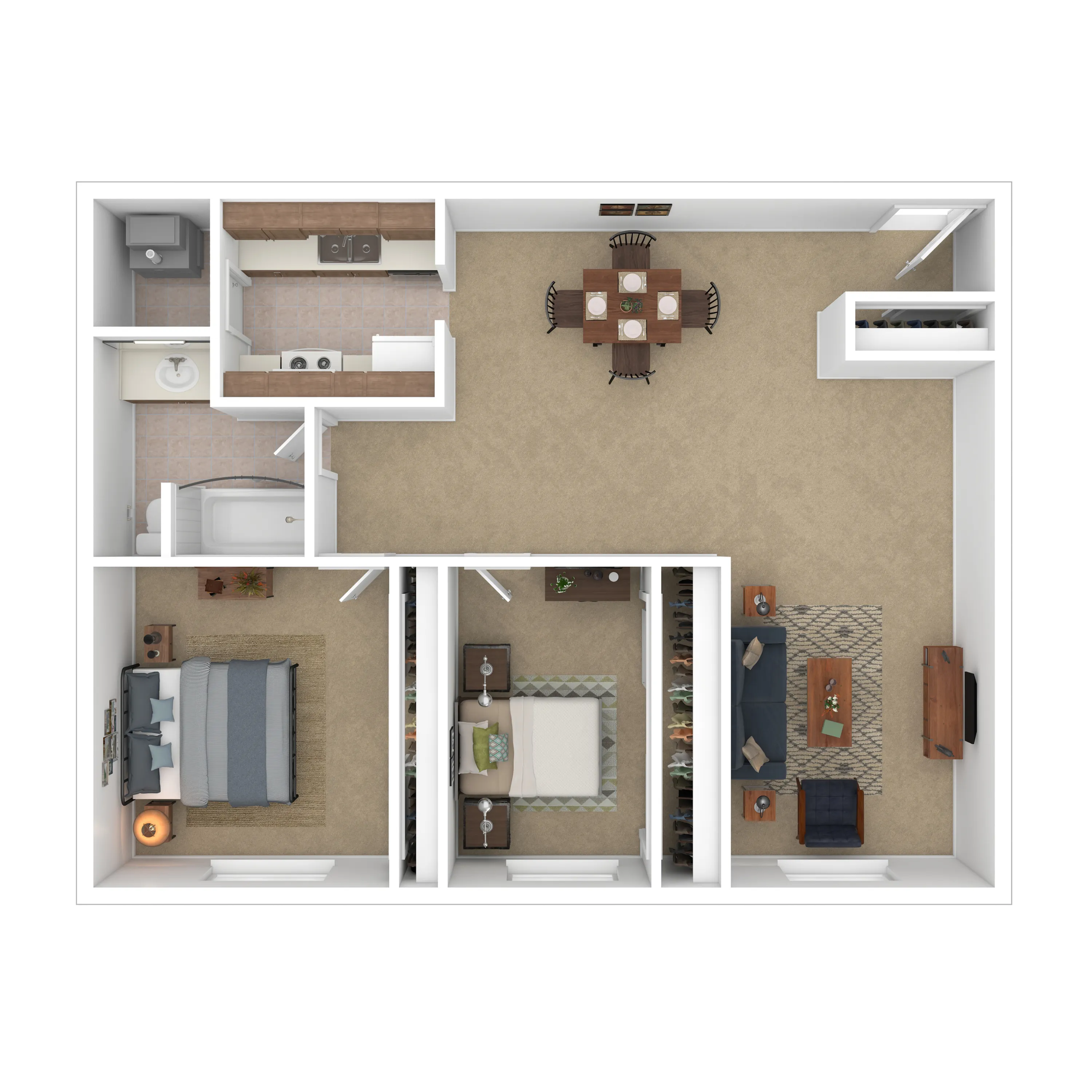 Modern floor plan showcasing a 2-bedroom apartment with a spacious open-concept living area, dining space, and a well-appointed kitchen.