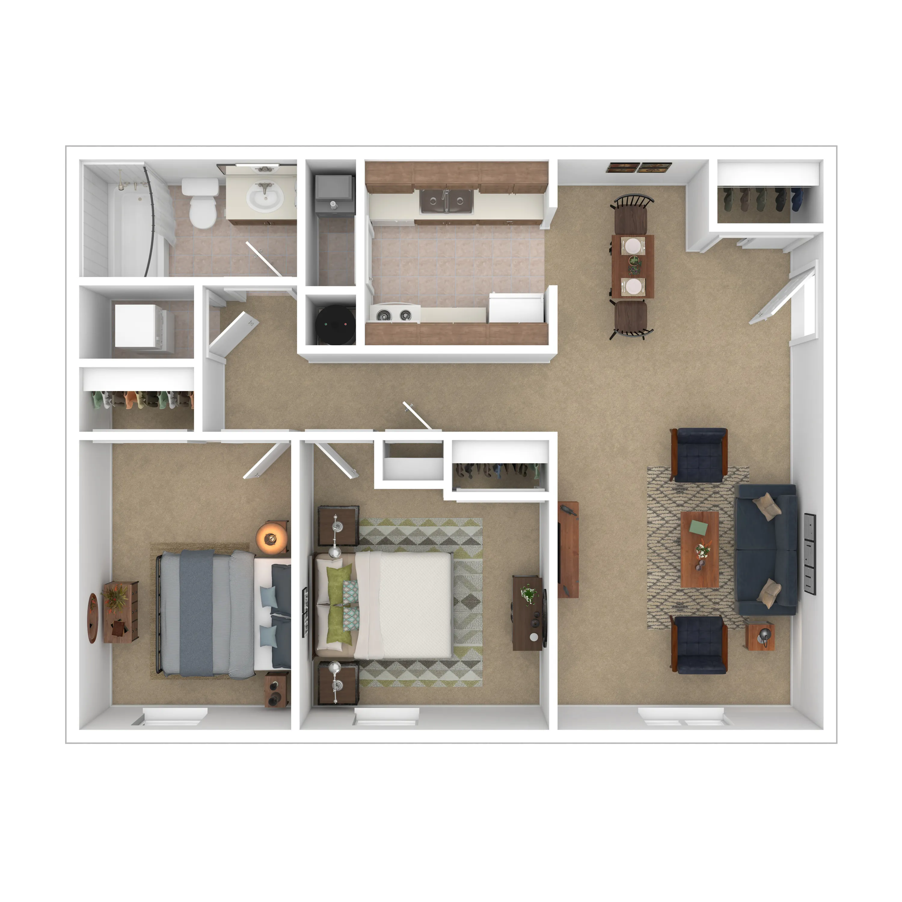 Modern 3D floor plan with two bedrooms, cozy living room, efficient kitchen, and inviting dining area.