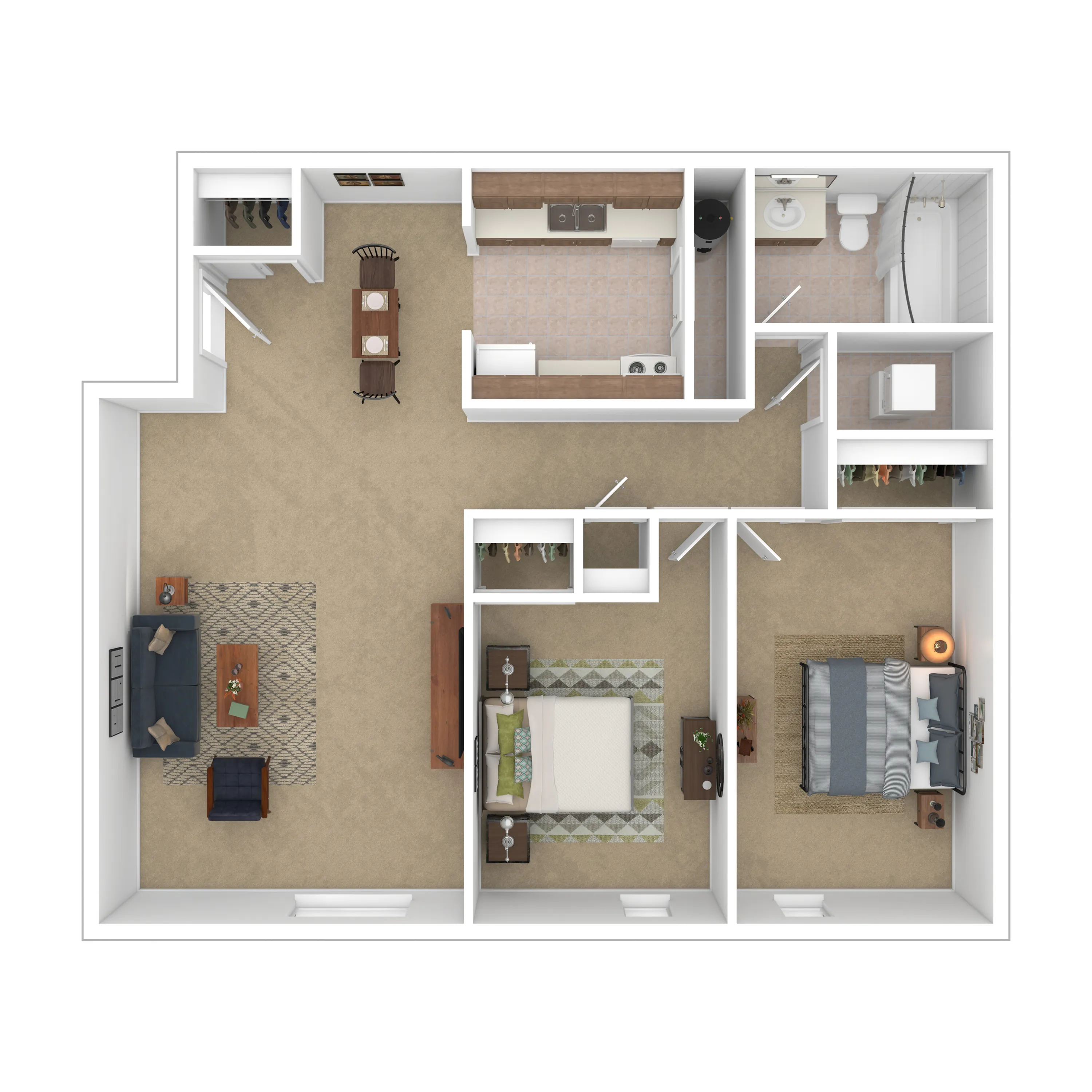 Charming 3D floor plan showcasing 2 cozy bedrooms, a spacious open-concept living area, and a modern kitchen for stylish living.