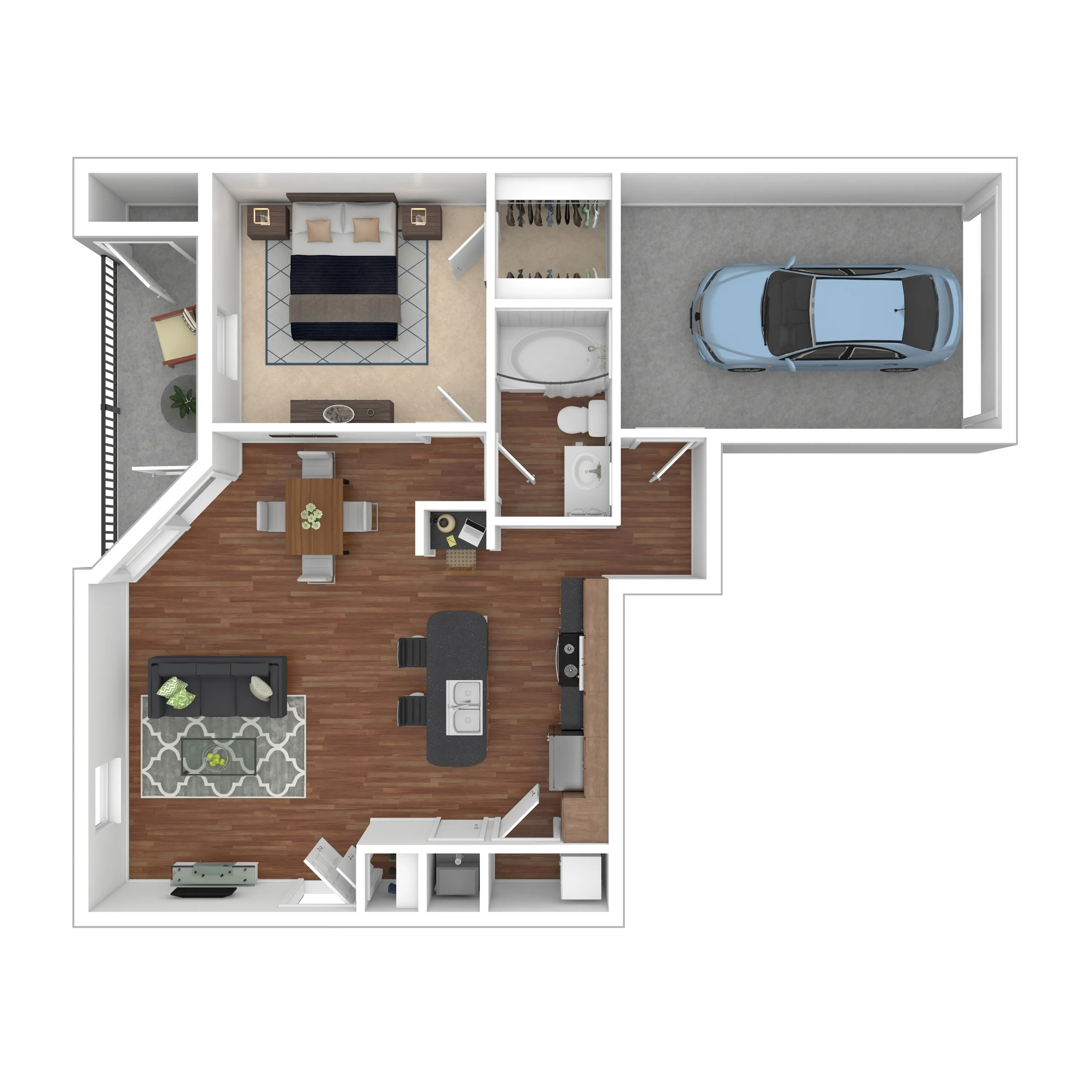 Contemporary floor plan showcasing 1 bedroom, open living and dining area, modern kitchen, bathroom, and attached garage.