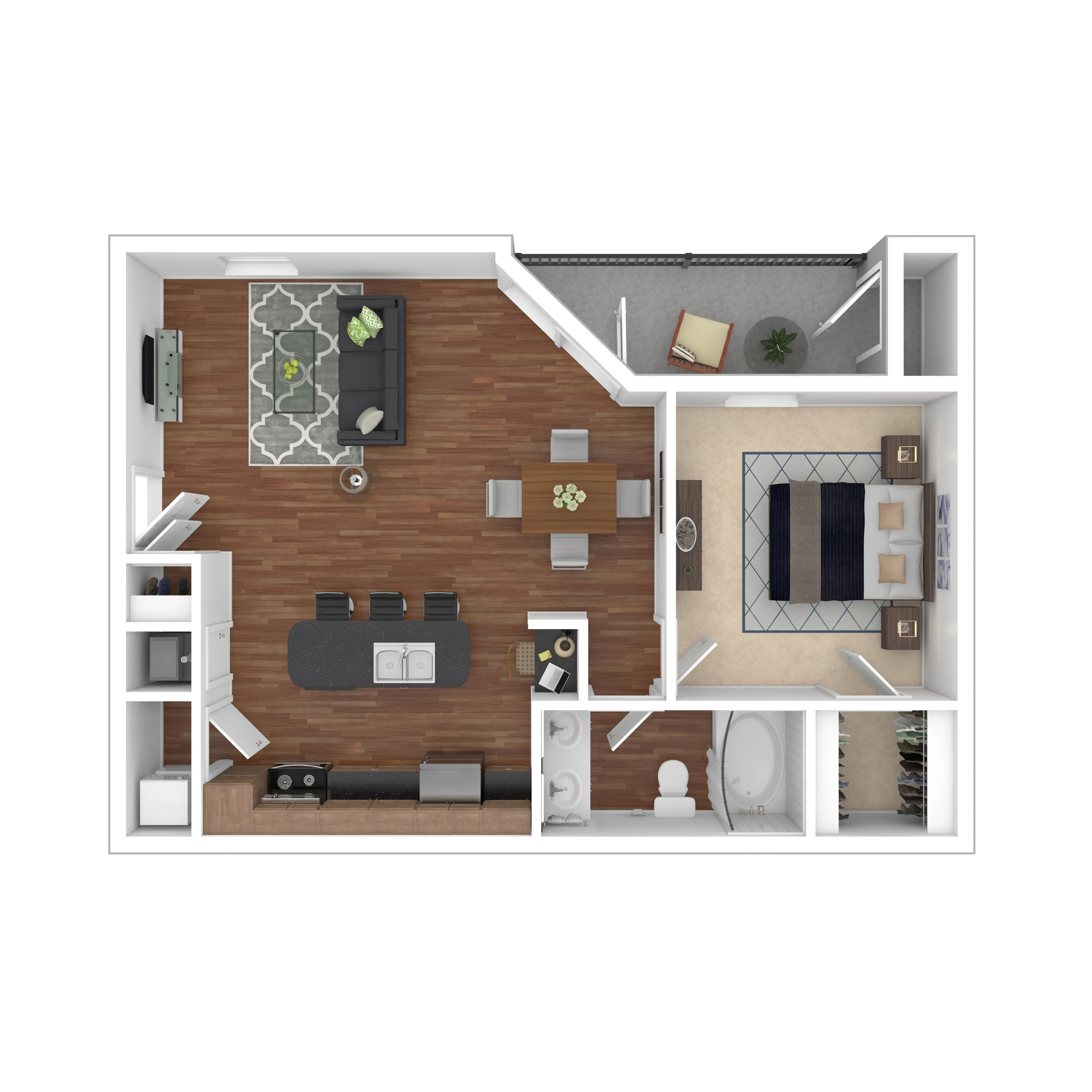 Chic 1-bedroom apartment floor plan featuring an open-plan living and dining area, modern kitchen with an island, and cozy balcony space.