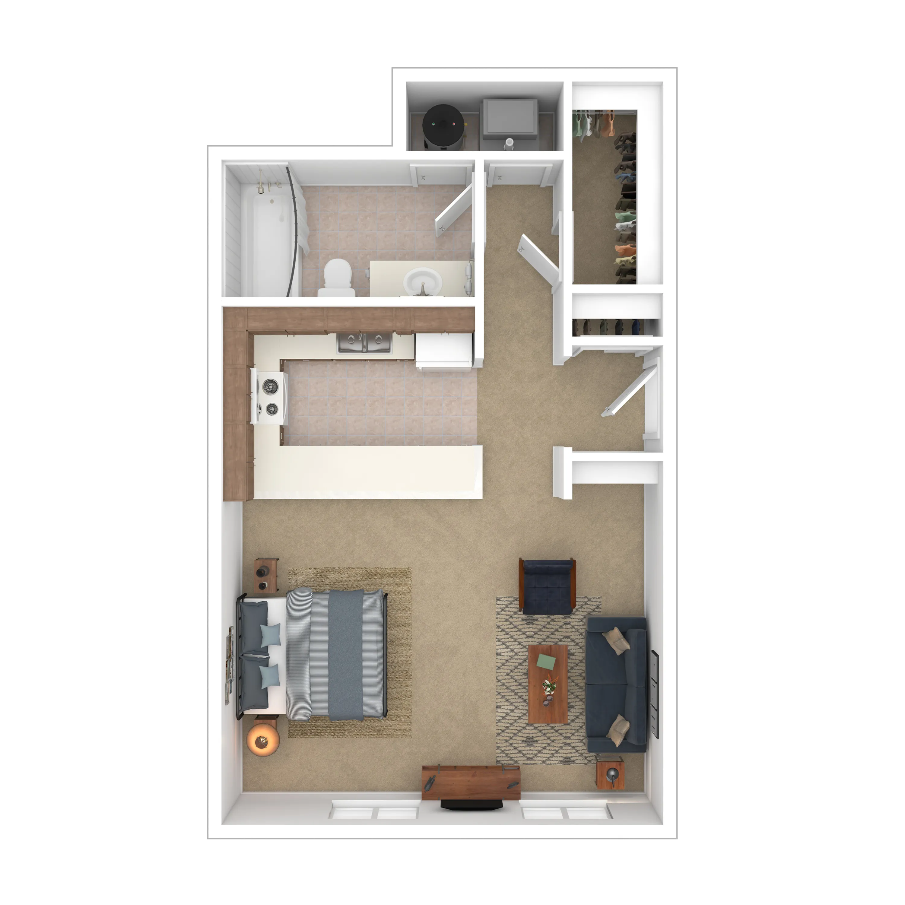 Inviting and modern studio apartment floor plan featuring a cozy living room, integrated kitchen, stylish bathroom, and spacious closet.