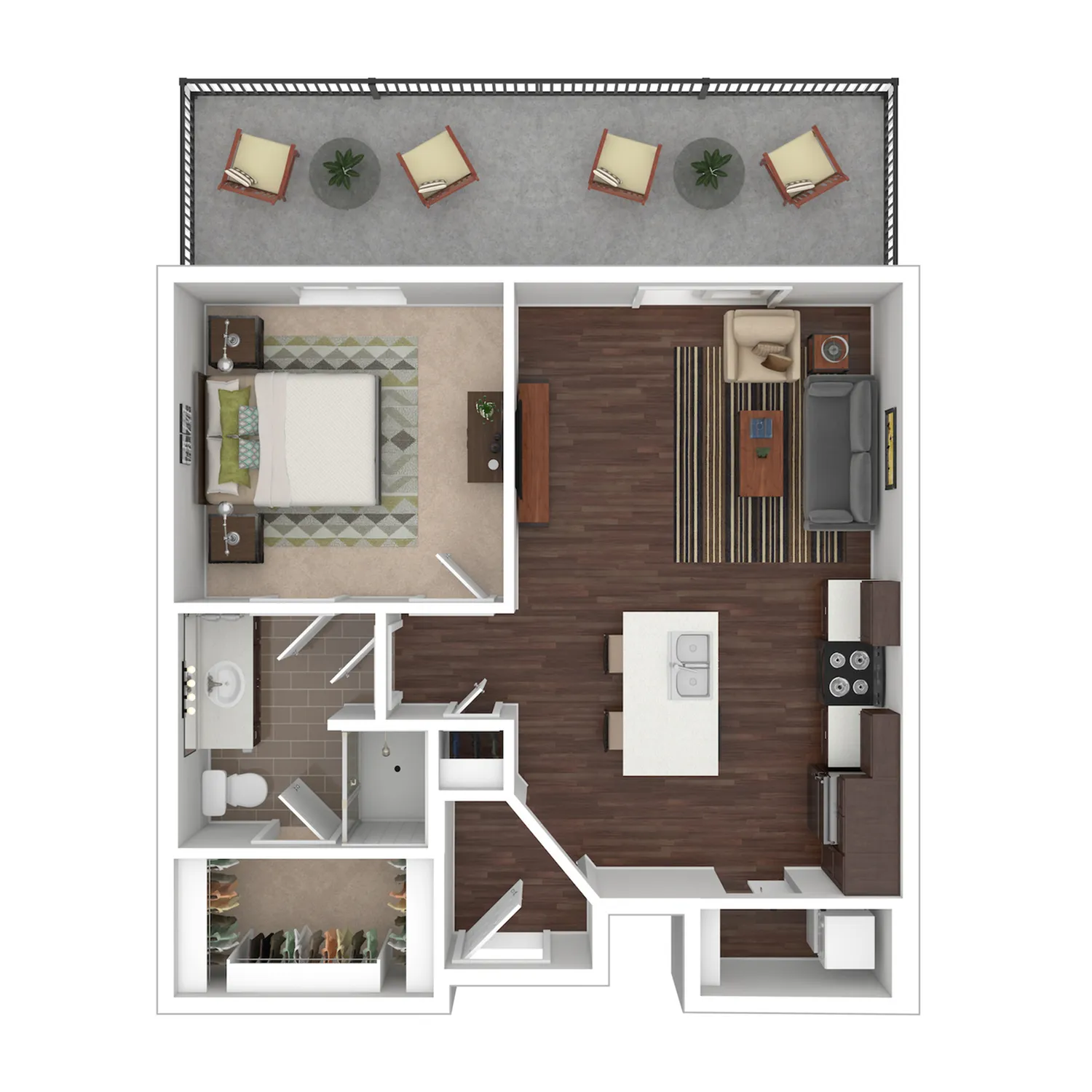 Adams 1-bedroom apartment floor plan featuring an open-concept living area, stylish kitchen with island, cozy bedroom, spacious bathroom, and inviting balcony.