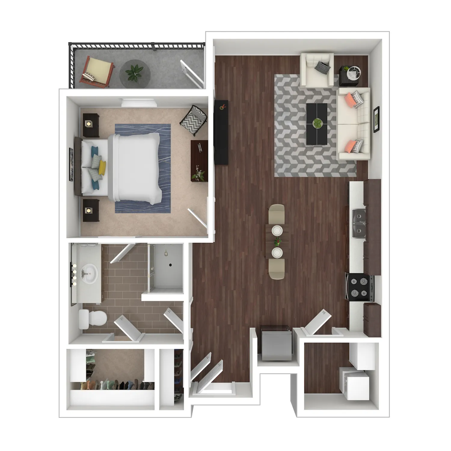 Bloomington 1-bedroom apartment floor plan featuring an open-concept living area, sleek kitchen, cozy balcony, and stylish bathroom.