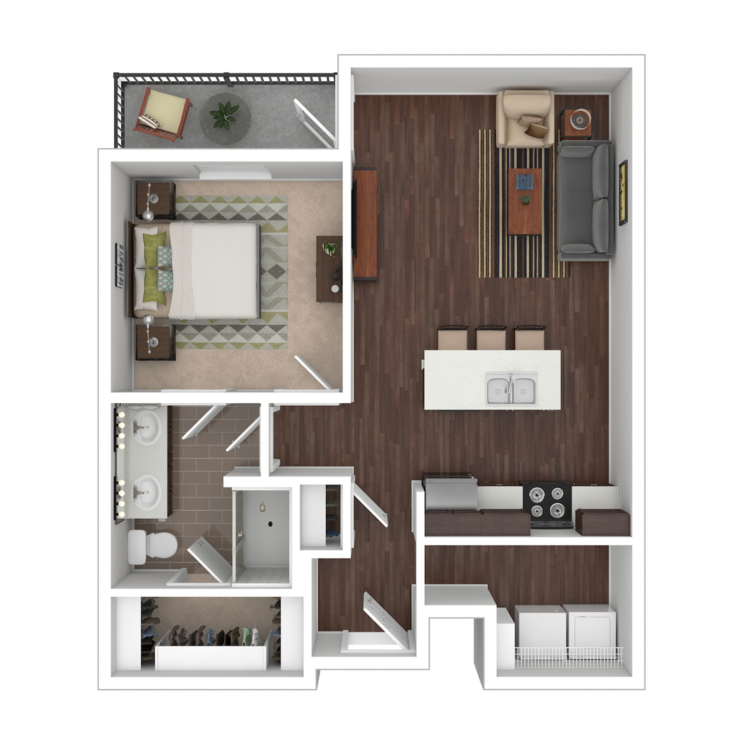 Brookston 1-bedroom apartment floor plan with open-concept living area, modern kitchen, spacious patio, and luxurious bathroom.