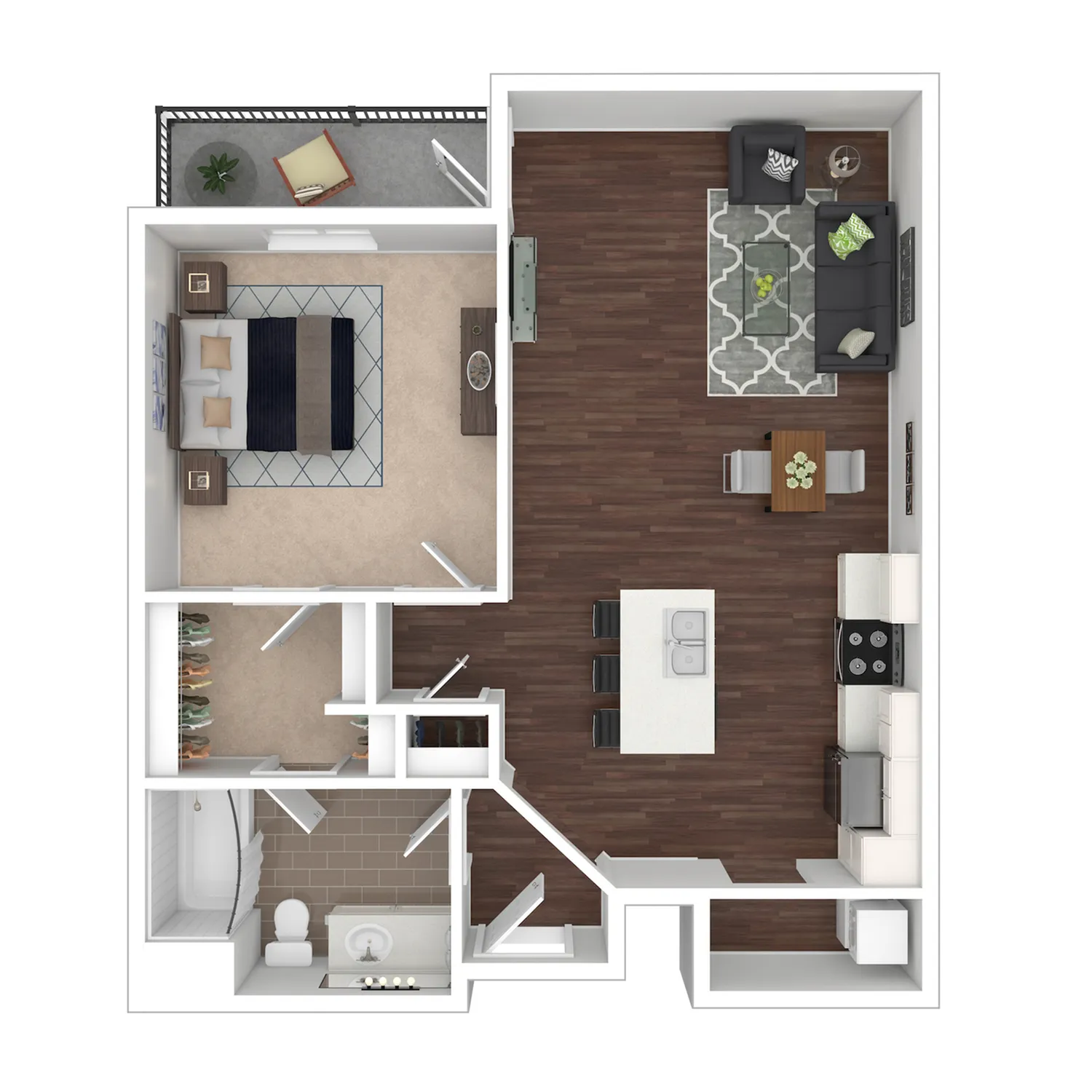 Chicago floor plan of a one-bedroom apartment featuring spacious living and dining areas, a sleek kitchen with an island, and a cozy bedroom with balcony access.