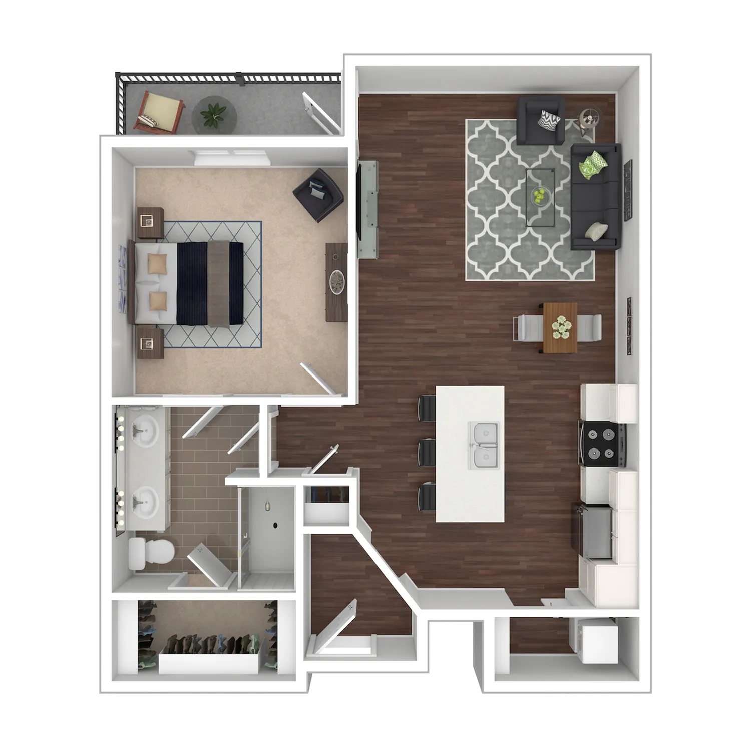 Delphi 1-bedroom apartment layout featuring an open-plan kitchen and living area, luxurious bathroom, and private balcony.