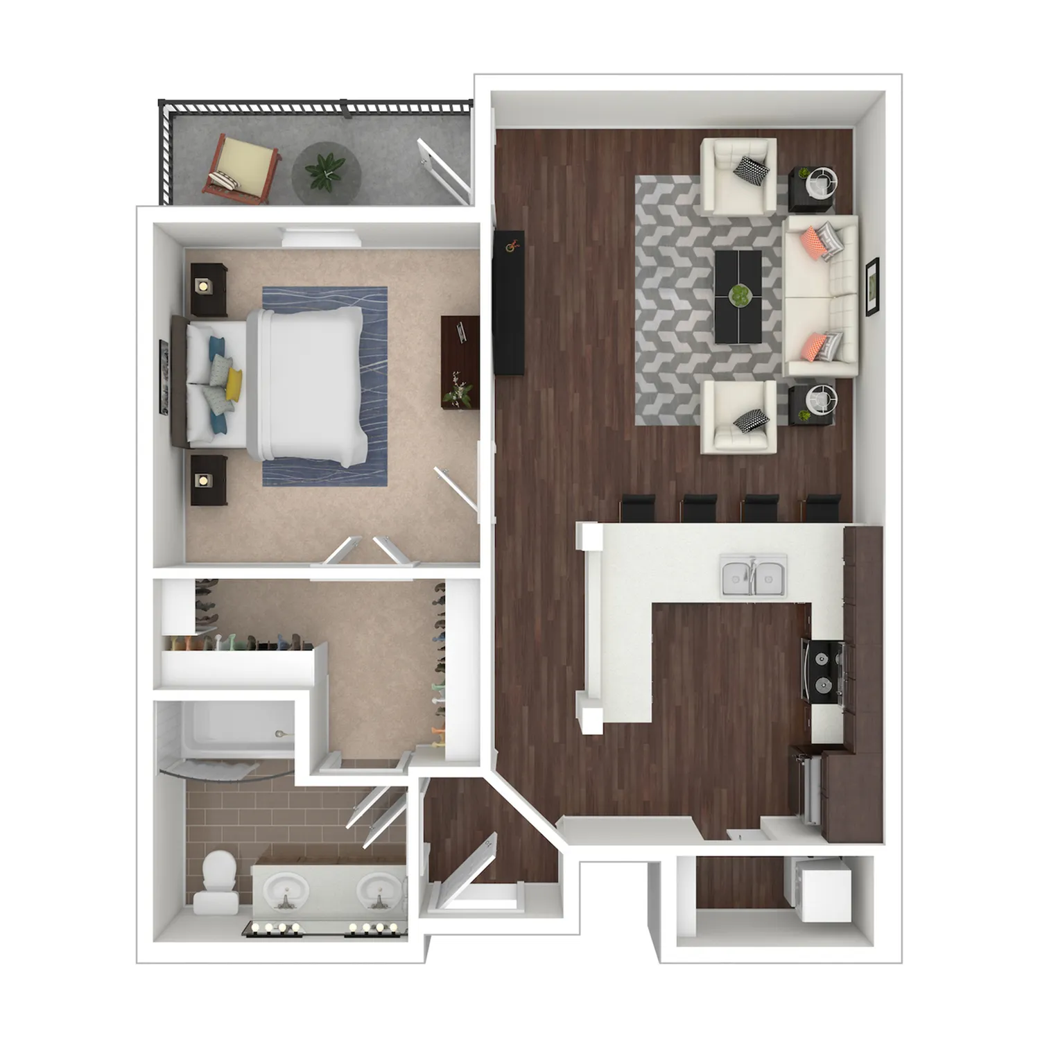 Farabee 3D floor plan with spacious bedroom, elegant living room, and stylish open-concept kitchen.