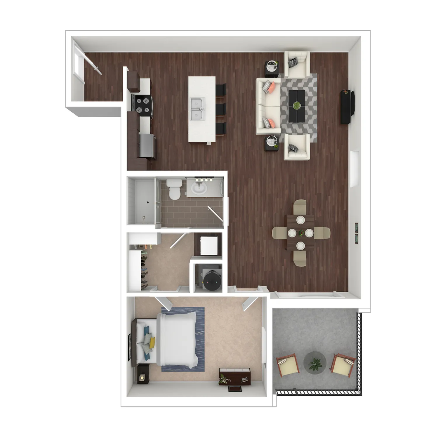 Guthrie floor plan showcasing a cozy one-bedroom apartment with an open kitchen, dining area, spacious living room, and private balcony.