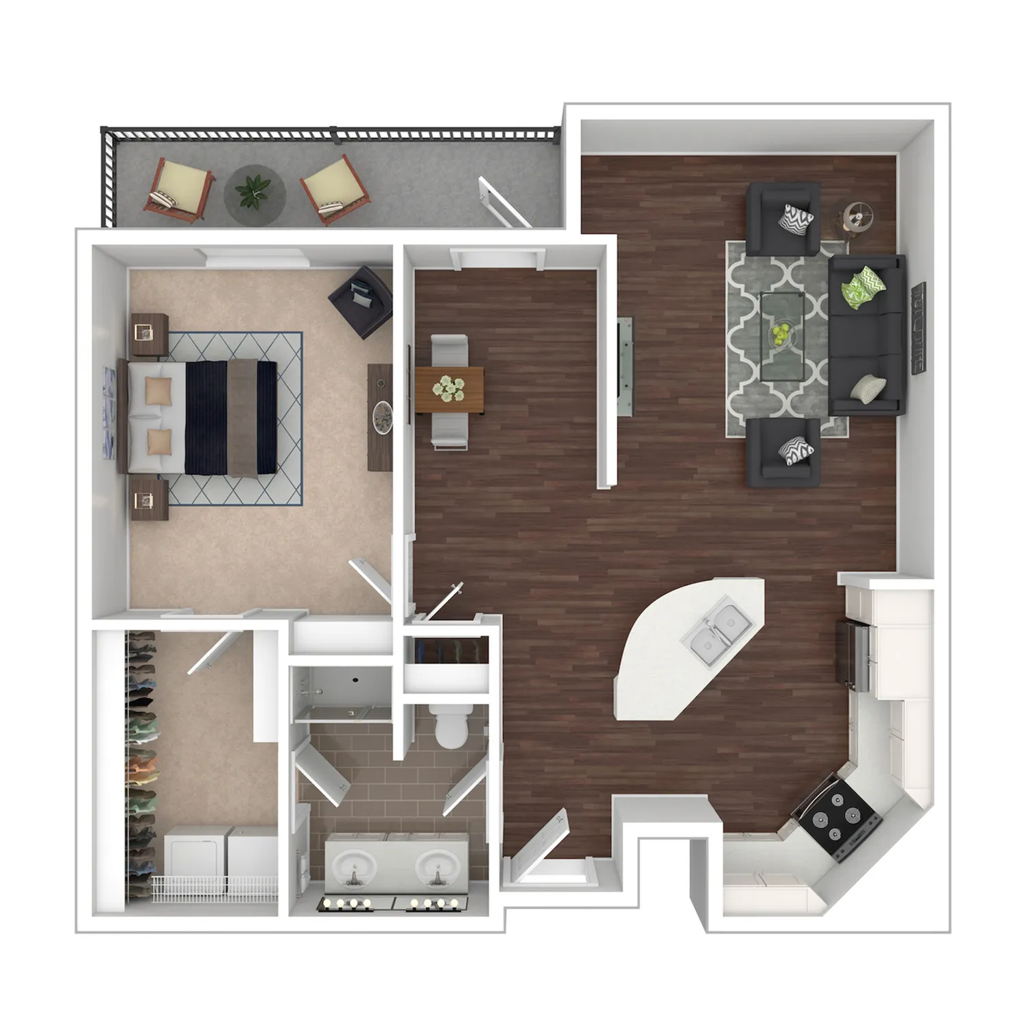 Jordan floor plan showcasing a spacious one-bedroom apartment with open-concept living area, sleek kitchen, and cozy balcony.