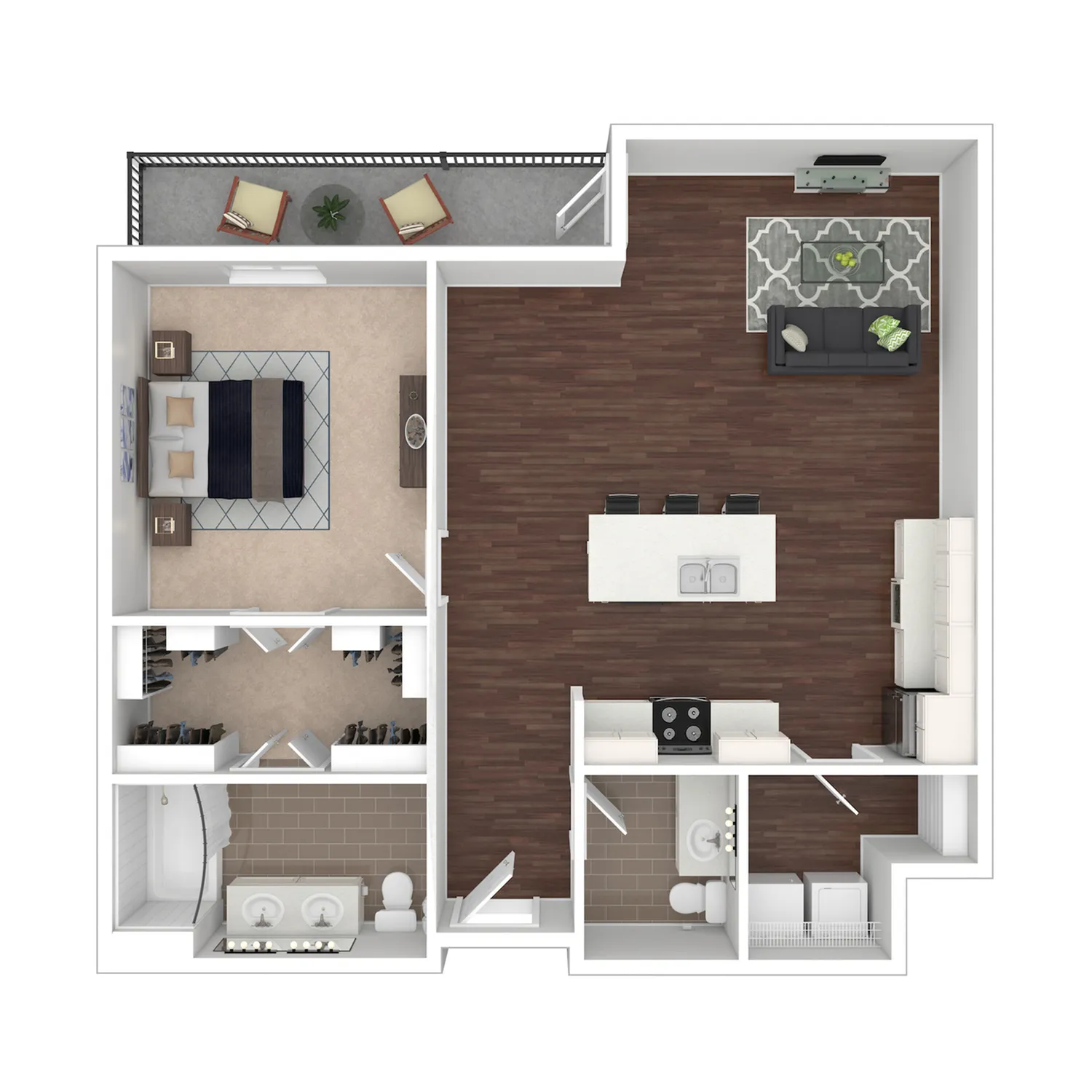 Lafayette floor plan with one bedroom, stylish open-concept kitchen, cozy living room, spacious bathroom, and inviting balcony.
