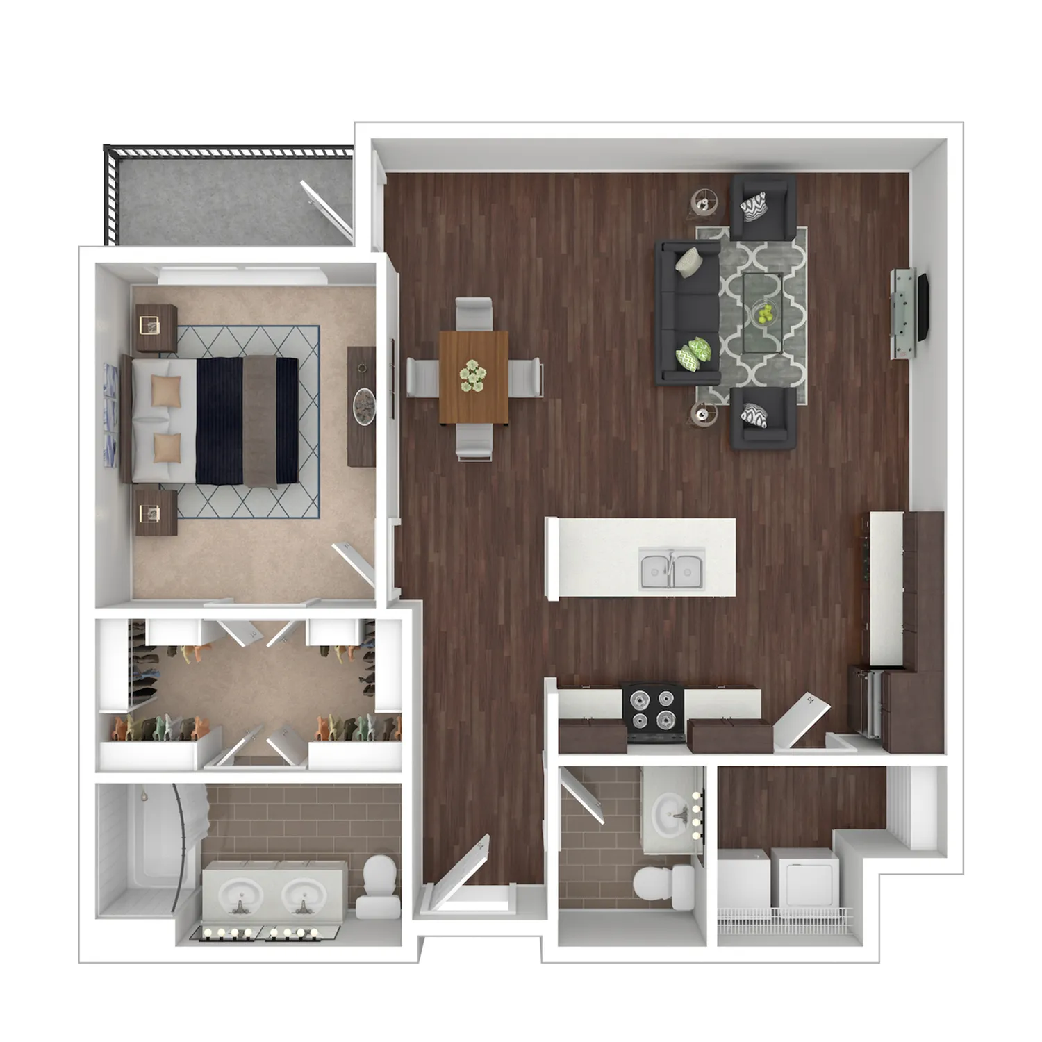 Lee 3D floor plan featuring a spacious 1-bedroom layout with a sleek kitchen, cozy living area, and dual-sink bathroom, perfect for comfortable living.