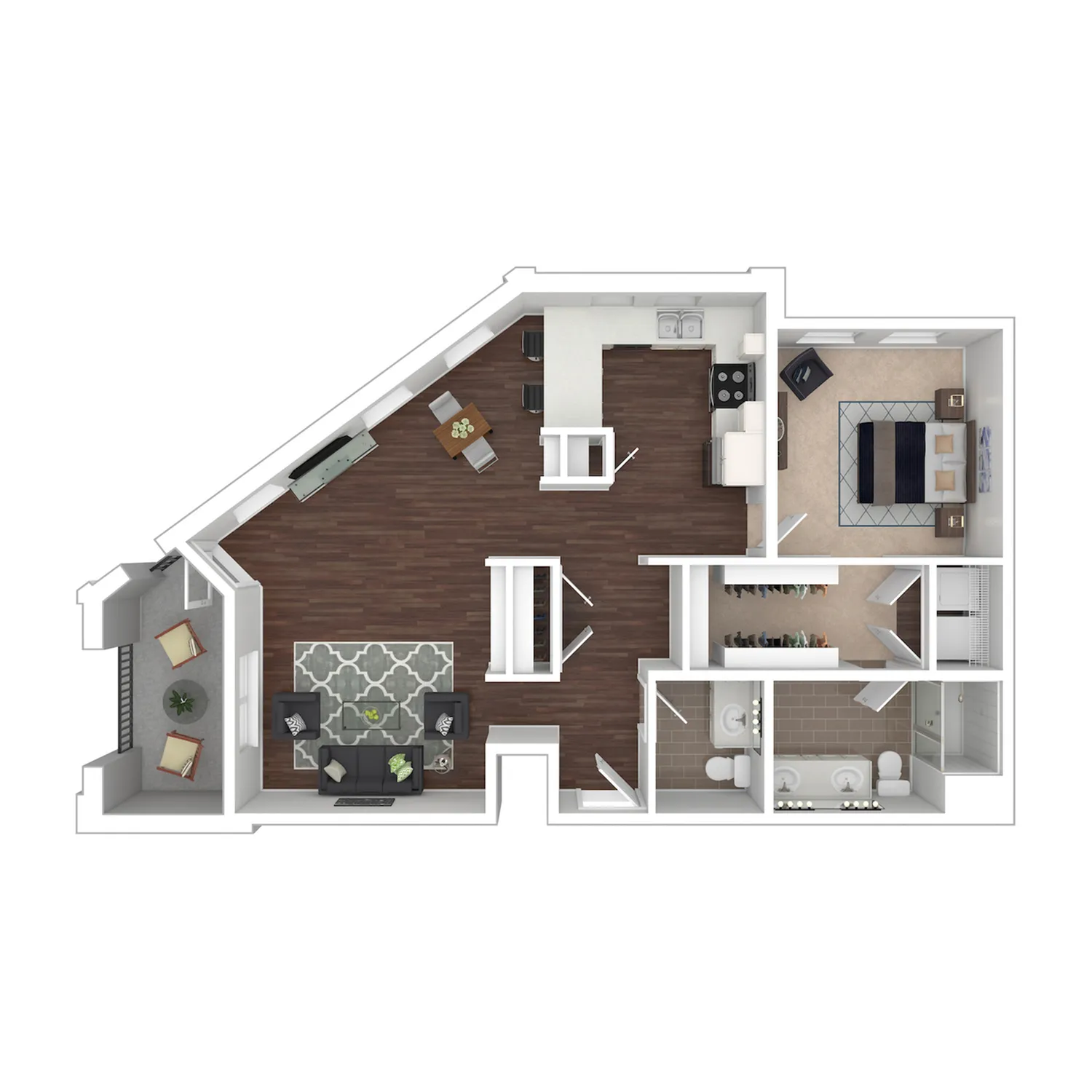 Linden floor plan with a spacious open-concept living area, sleek kitchen, cozy bedroom, two elegant bathrooms, and a charming balcony space.