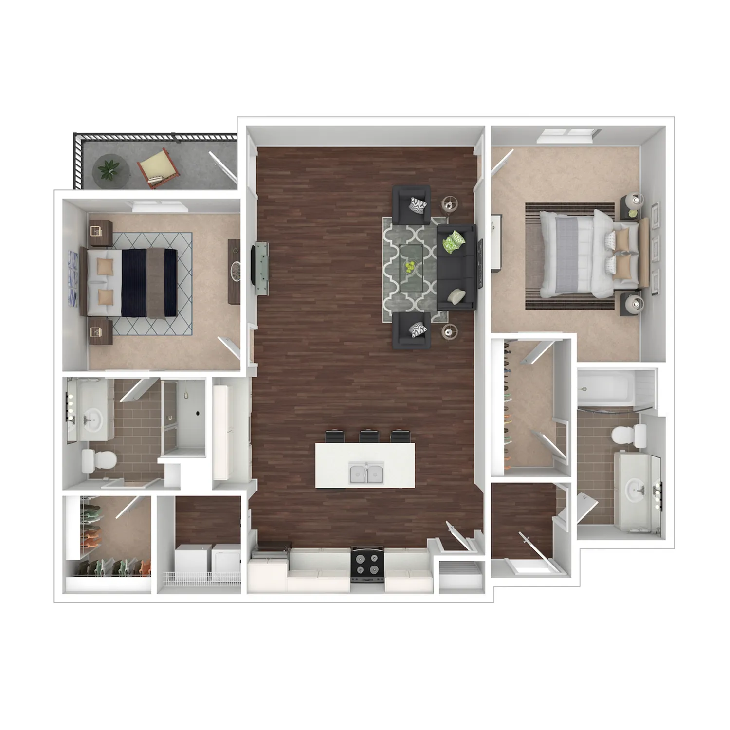 Midland 3D floor plan featuring 2 bedrooms, open-concept living area, stylish kitchen with island, and 2 modern bathrooms.